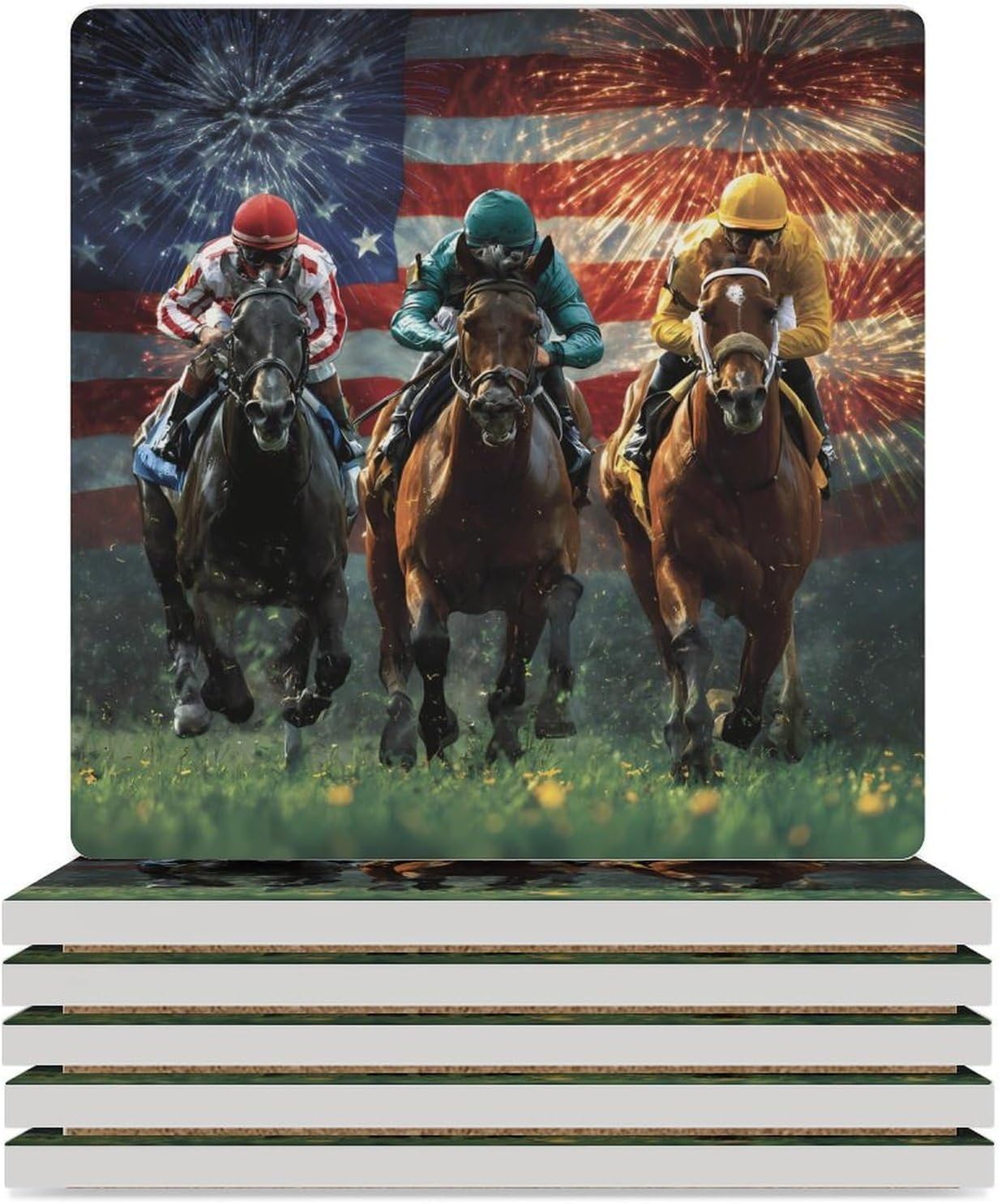 USA Running Horses Coaster for Drinks Square Ceramic Table Coasters Stone Mat Crafts 4PCS Home Kitchen Decor
