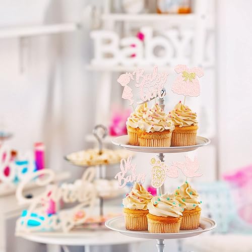 Miniatura 6 de 24 adornos para cupcakes de bebé niña con lazo, huellas, cisne, rosa claro, brillantina, baby shower, revelación de género, decoración para baby