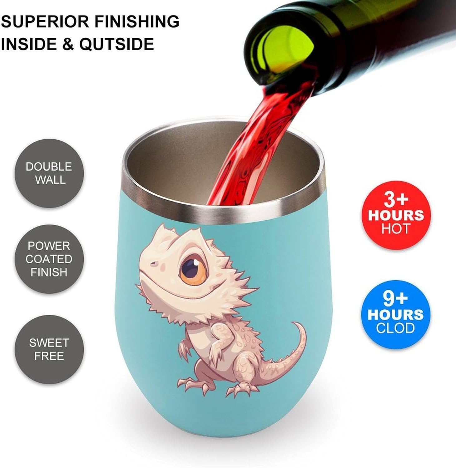 Cartoon Bearded Dragon Insulated Drinking Cup Stainless Steel Coffee Mug Wine Tumbler with Lid 12OZ