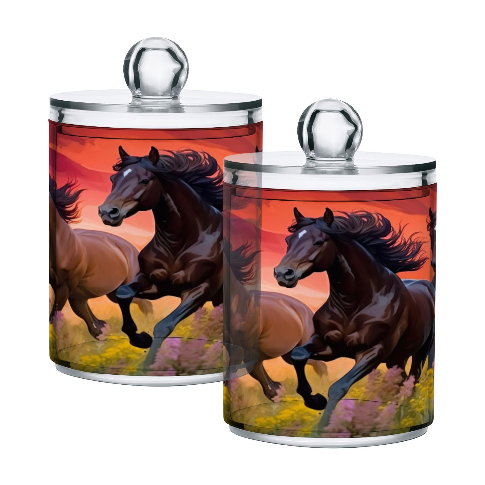 Wassud Horse Riders in The Sunset 2 Pack Clear Plastic Qtip Holder Dispenser Set,Bathroom Storage Canister for Cotton Swabs, Balls, Dental Floss,Pads,Organize with Apothecary Jars