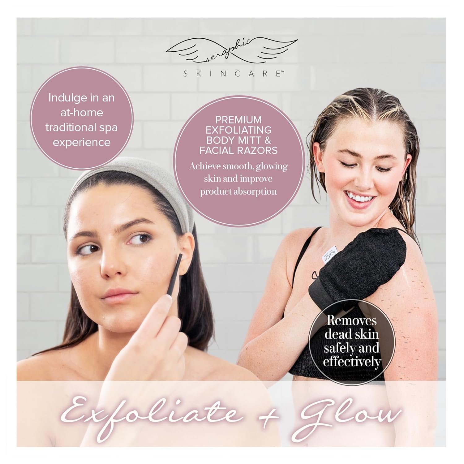 Seraphic Skincare Exfoliating Facial Razors (3pc) & Premium Mitt for Body (2pc) – Dermaplane Face Razor for Women – Body Exfoliator for Self-Tan Removal & Keratosis Pilaris