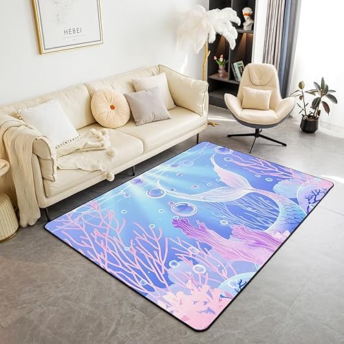 Erosebridal Alfombra de cola de sirena para sala de estar, alfombras lavables Kawaii de animales marinos náuticos de 3 x 5 pies, alfombra de escamas