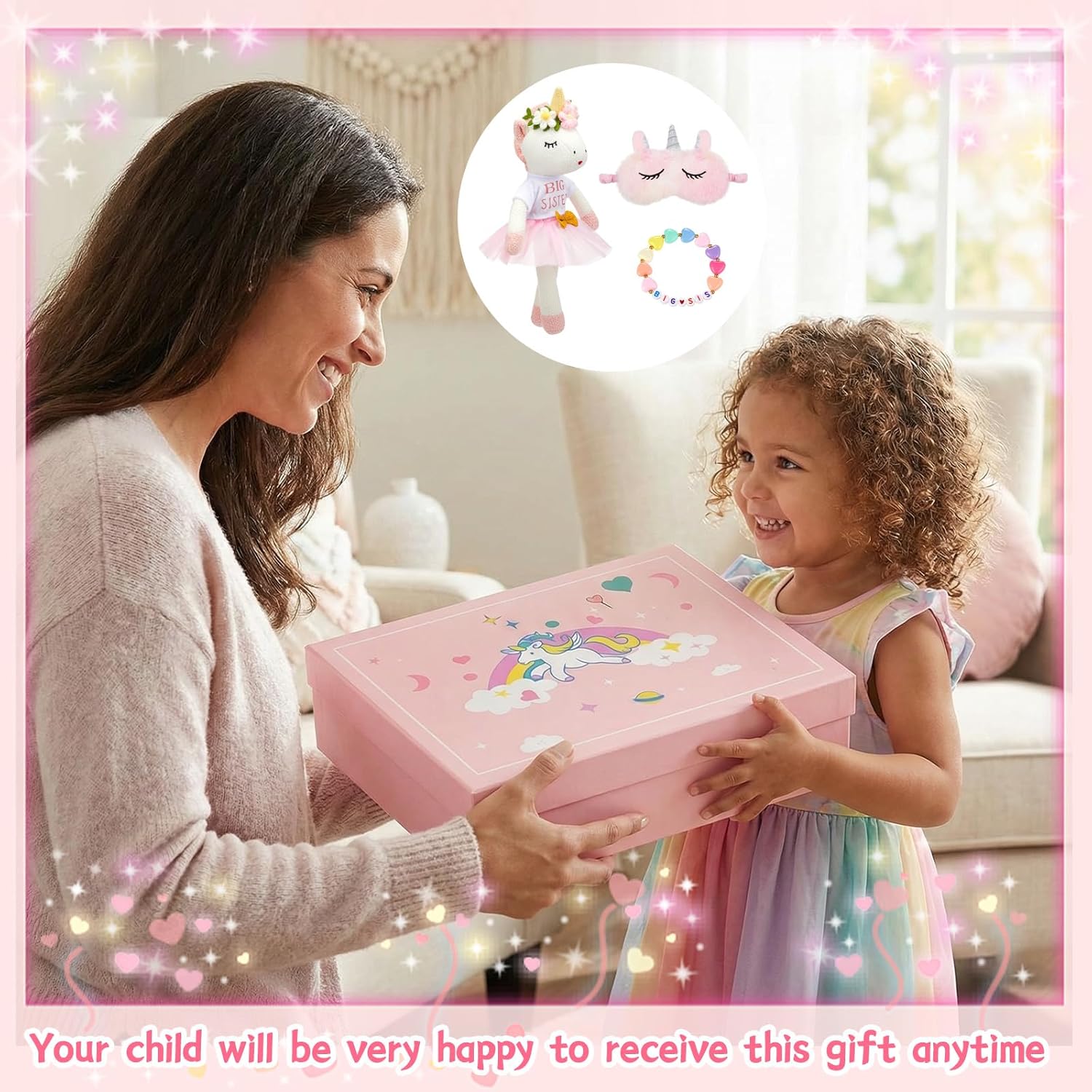 4 Pcs Big Sister Gift Set for Girls, 17 Inch Unicorn Stuffed Doll with Outfit, Pink Unicorn Gift Box Shimmering Eye Mask Big Sis Bracelet from New Baby for Girls Age 3-8 Promoted to Bigsis