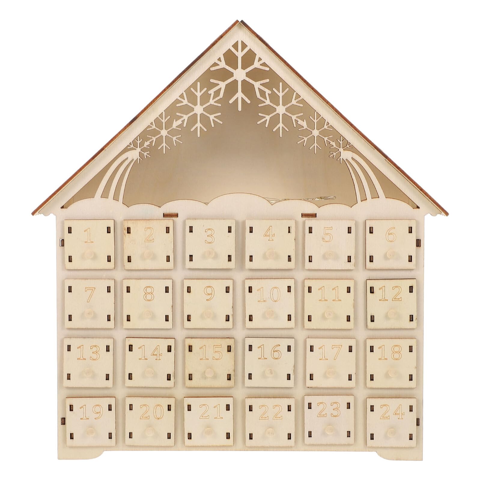 Calendario dell'Avvento in legno con 24 cassetti, casa con conto alla rovescia natalizio a LED, decorazione rustica da tavolo per Natale in famiglia