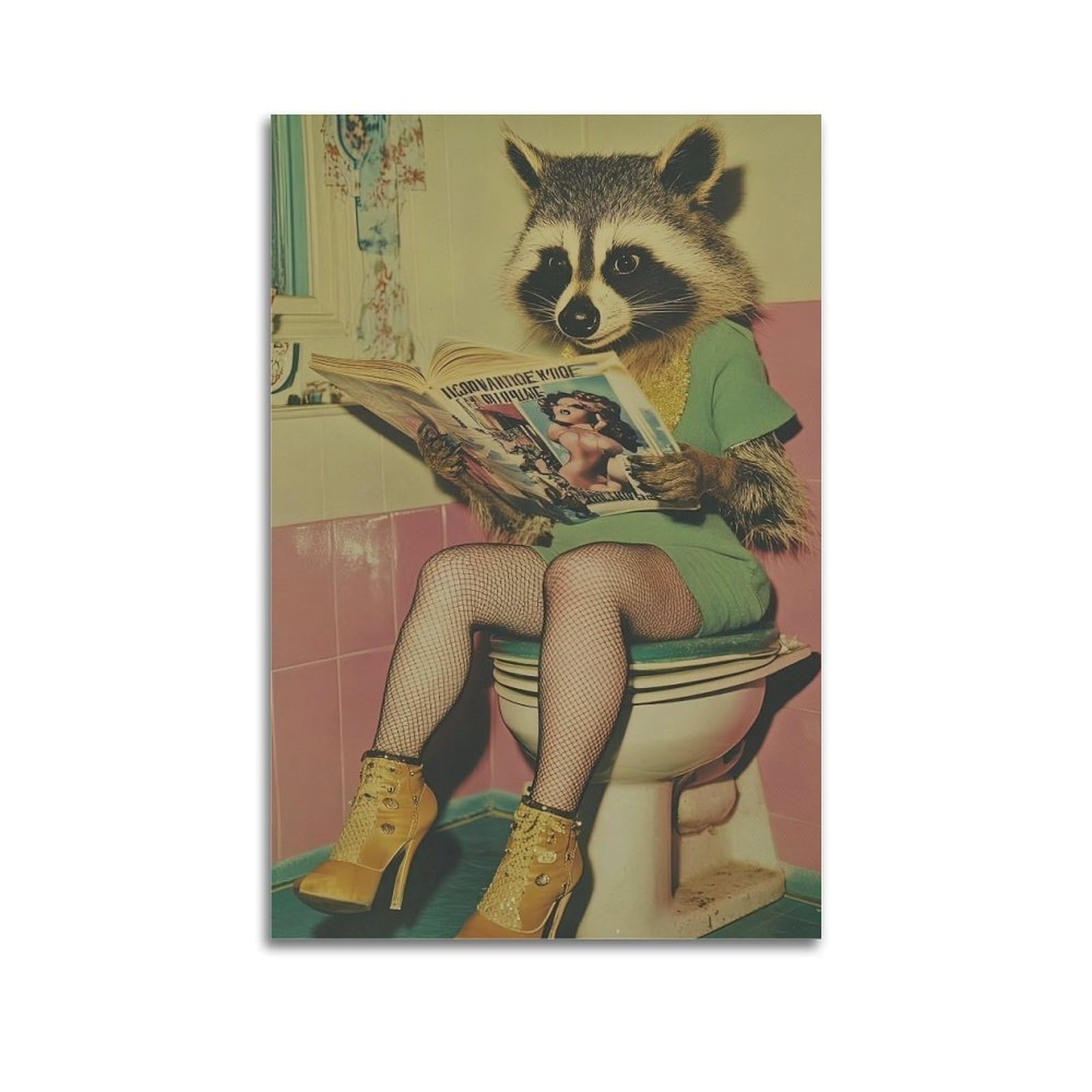 ESTE Funny Bathroom Raccoon Toilet Artwork Poster Decorative Painting Canvas Modern Art Picture 24x36inch(60x90cm)