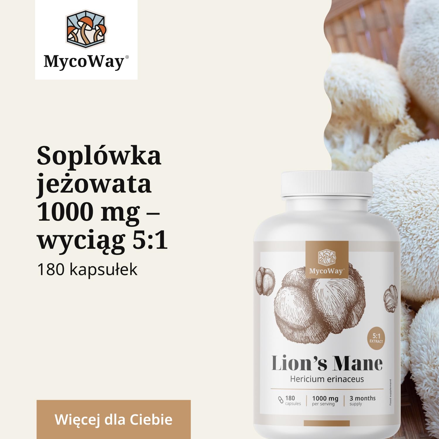 Soplówka jeżowata 1000 mg – Wyciąg 5:1 – Hericium Erinaceus – 180 kapsułek – Zapas na 3–6 miesięcy – Mądry grzyb – Pomaga w poprawie koncentracji i zdolności poznawczych – Witalność