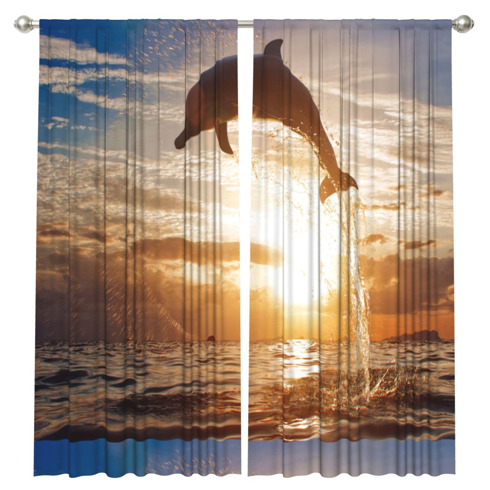 InOmak Dolphin Jumping From Shining Water, 2 Panels Window Curtains 52 x 84 Inch Blackout Curtains for Living Room Bedroom