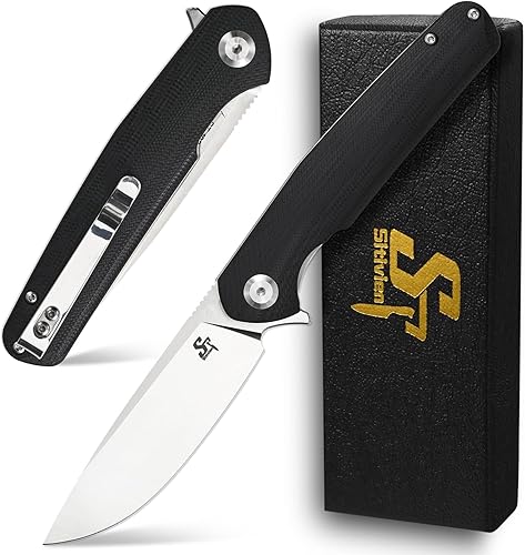 Miniatura 8 de Sitivien Cuchillo plegable ST102, hoja de acero D2+mango Micarta EDC herramienta cuchillo para exteriores, camping, caza, supervivencia (marrón)