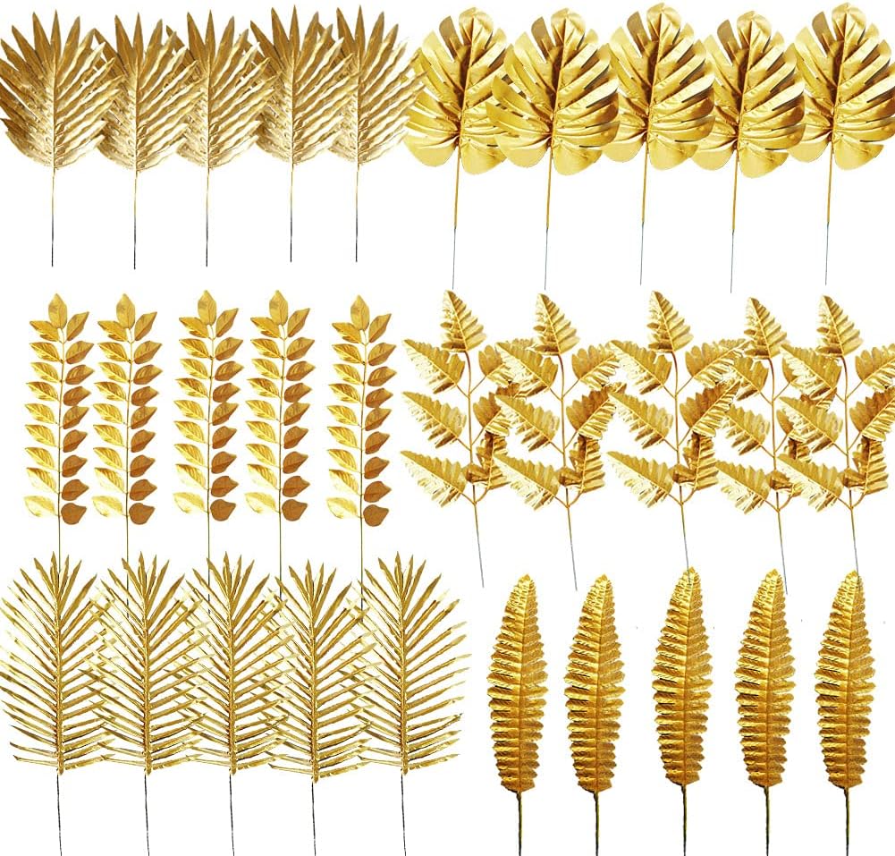 30PCS Artificial Plants Golden Leaves Mixed Tropical Palm Leaf Fake Gold Plant Bush Grass Fern Bushes Faux Shrubs Greenery for Party Wedding Decorations Beach Birthday Luau Party Decor