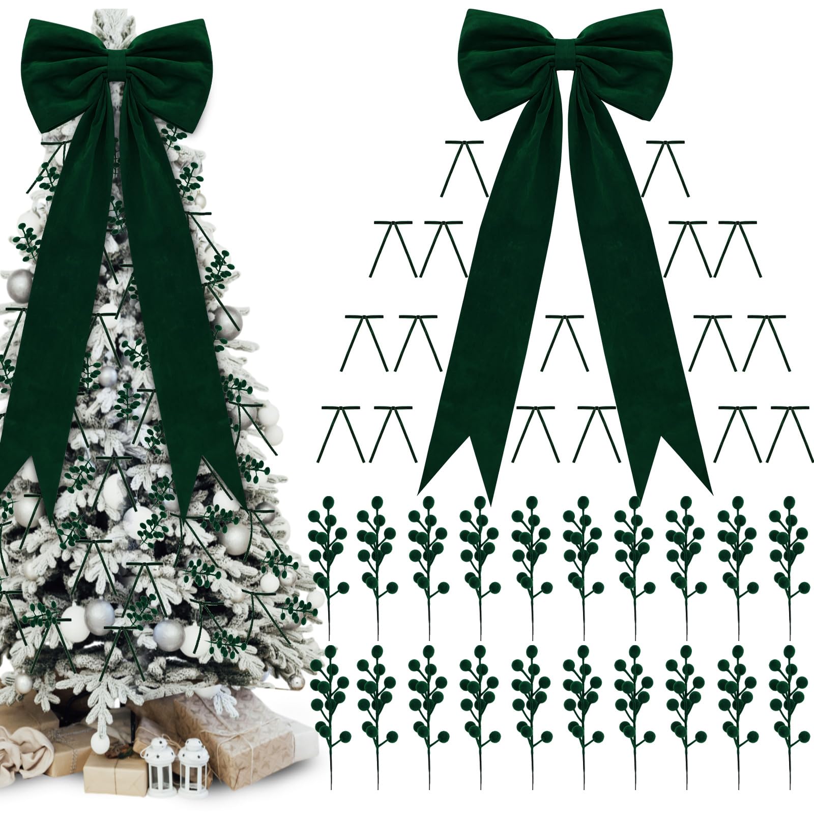 Green Christmas Tree Decorations Bows and Berry Picks Set Include 1 Pcs 16 x 40'' Large Tree Topper Bow 24 Small Green Velvet Bows 24 Berry Picks Xmas Ornaments for Home Birthday Holiday Decor