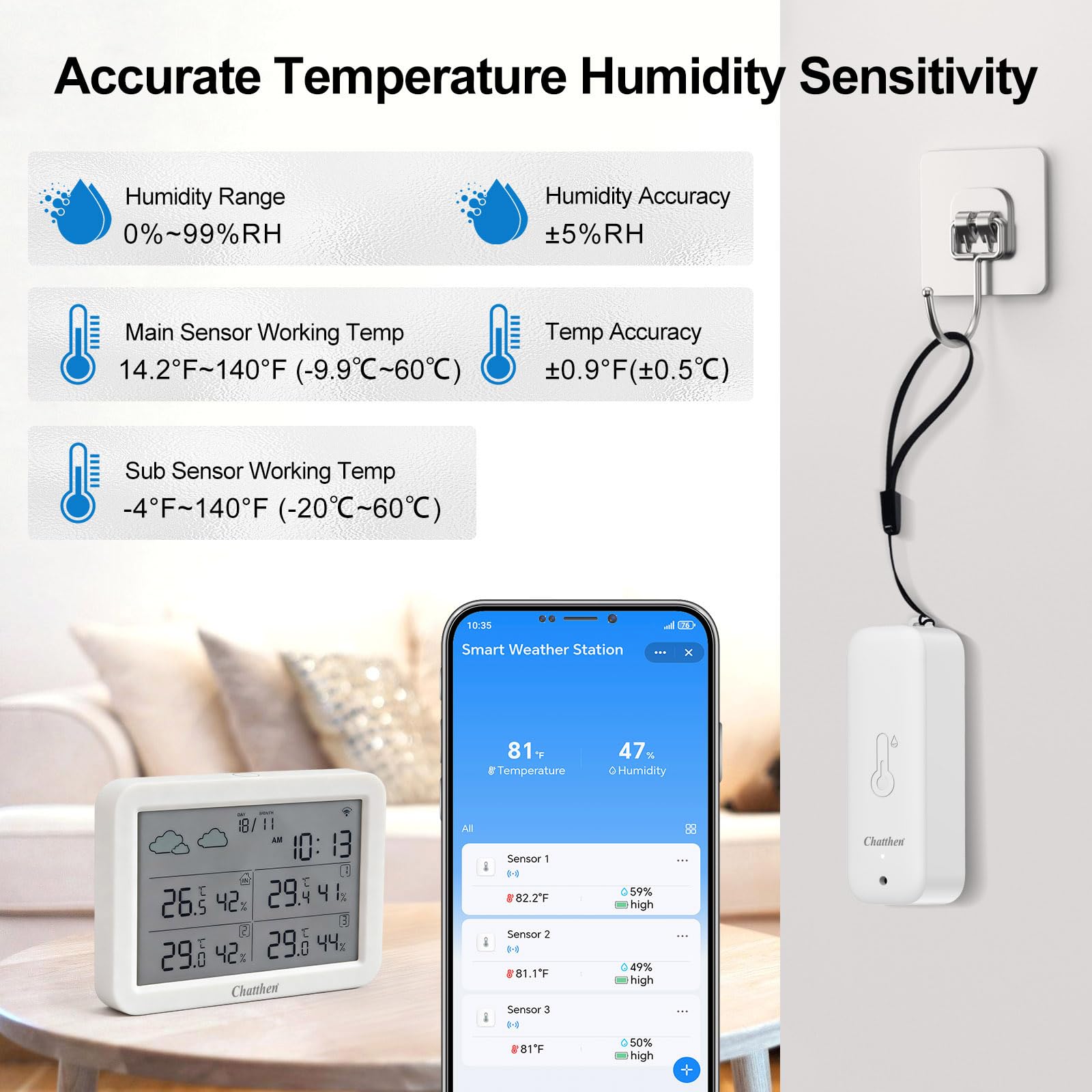 Station Meteo Connectée, Station Meteo Interieur Exterieur sans Fil WiFi, Thermometre Interieur Exterieur avec Date et Prévision Météorologique, 1 écran et 3 Capteurs Extérieurs