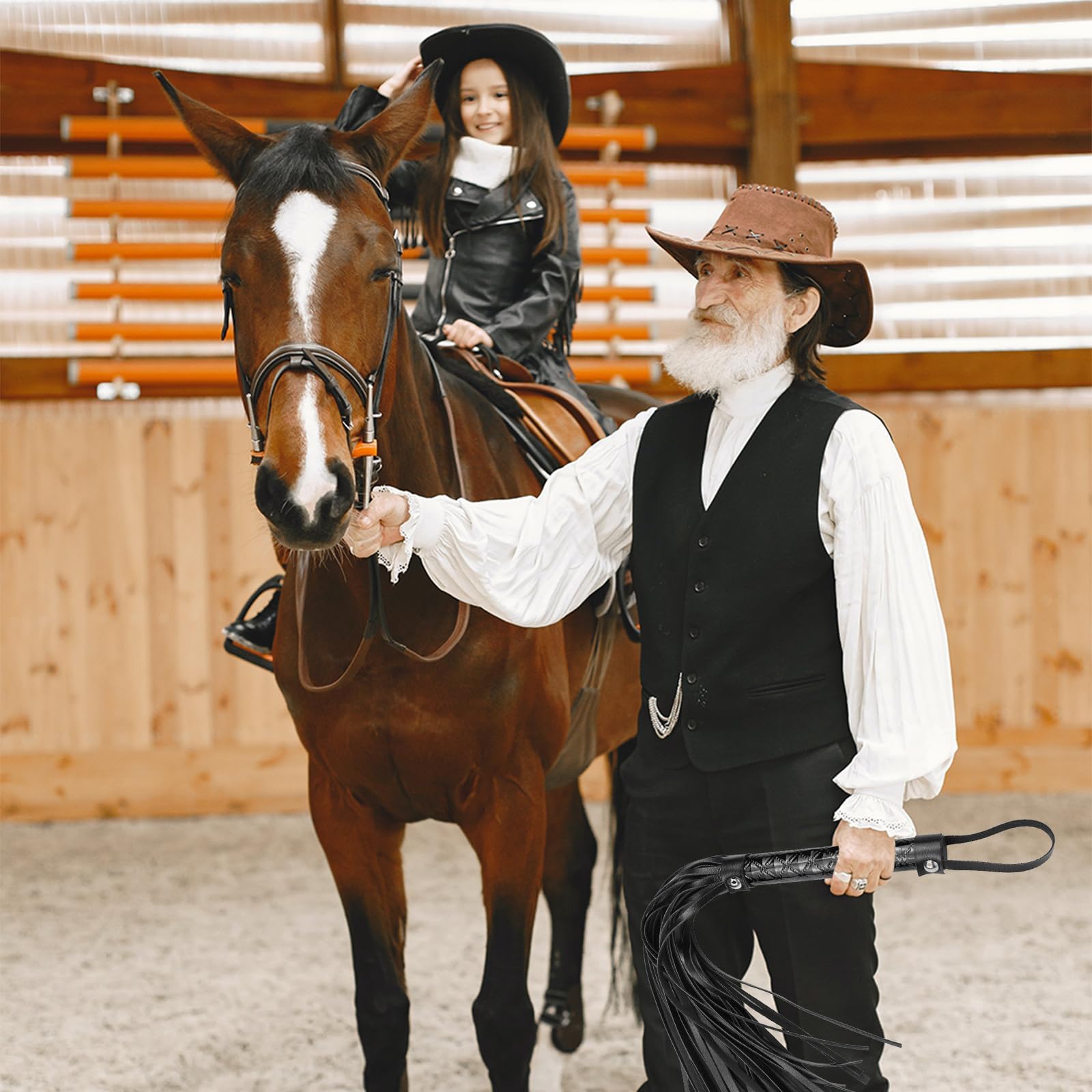 Fusta Caballo,Latigo Cuerode Cuero Artificial Suave con Flecos, látigo de Caballo,Training Riding Crop para Disfraces para Diario Deportes Ecuestres Al Aire Libre Cosplay (Negro)