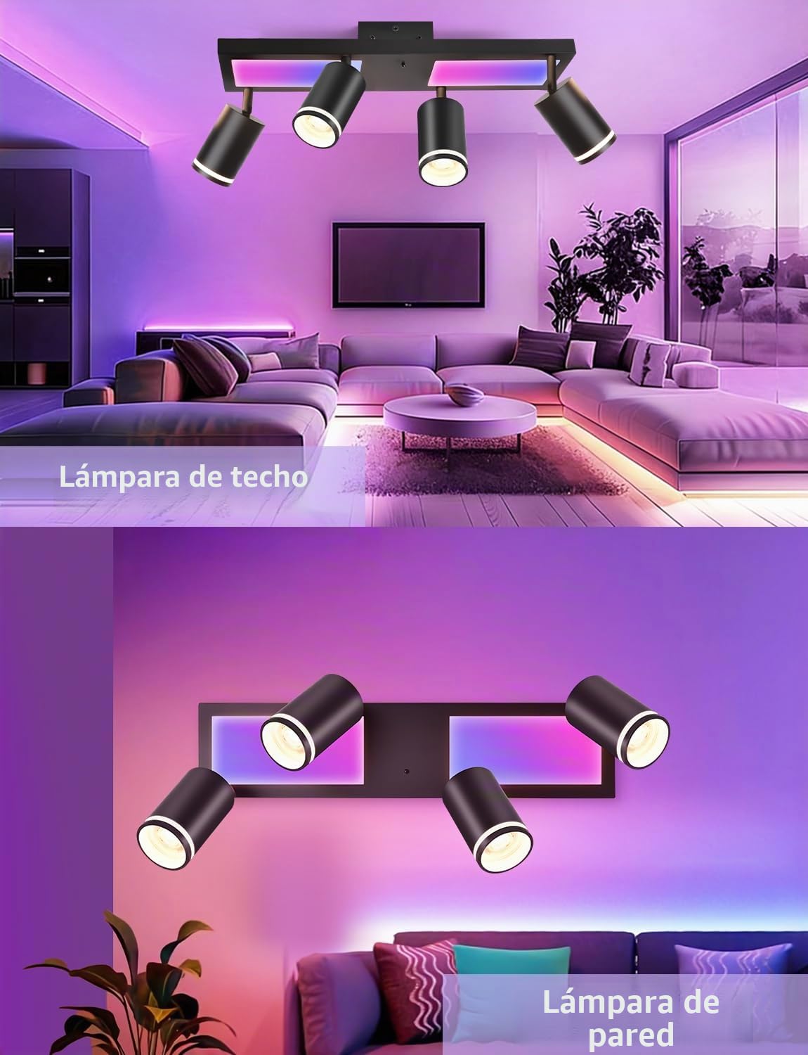 YindaLux Lámpara Techo Focos Giratorios GU10, RGB 30W 3600LM Foco de Techo con Mando a Distancia, Negro Plafón de con 4 Focos con Luz Inferior 10W+4x5W GU10 para Salon