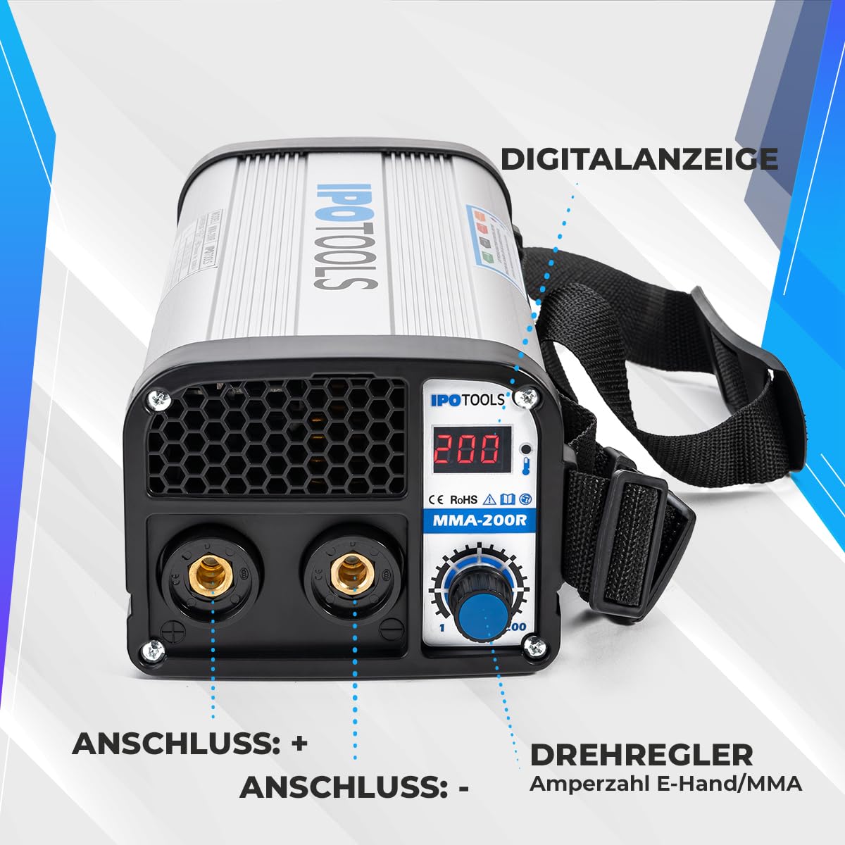 IPOTOOLS MMA-200R Elektroden Schweißgerät - IGBT Inverter Schweissgerät MMA/E-Hand mit 200 Amper/Digitale LCD Anzeige / 230V / Anti-Stick/Hot-Start/Arc-Force/Schutzschild / 7 Jahre Garantie