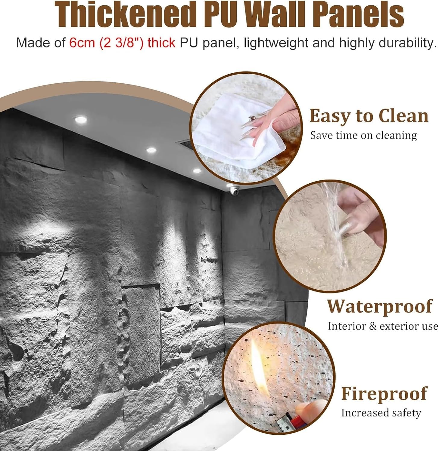 Pannelli Murali 3D Effetto Pietra - 120x60cm | Rivestimento Murale in PU Spesso 6cm per Interni ed Esterni, Decorazione Murale Impermeabile(Black,5pcs)