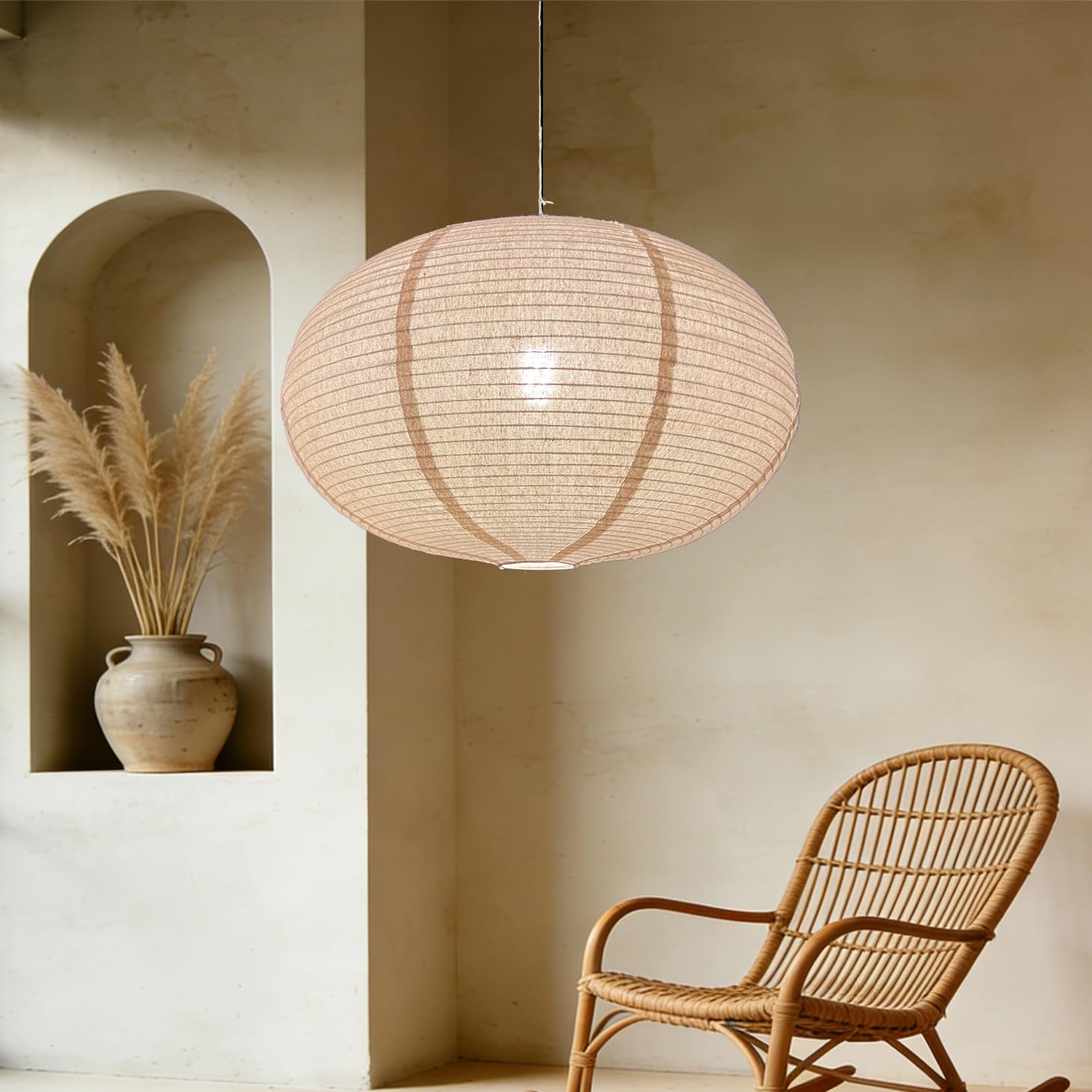 Leinen-Lampenschirm, oval, hängend, Kronleuchter, Lampenschirm, 50 cm, kann Lampenschirm aus Papier ersetzen, minimalistischer Stil, Boho-Stil, Leinen, für Schlafzimmer, Wohnzimmer, Flur, Dekoration