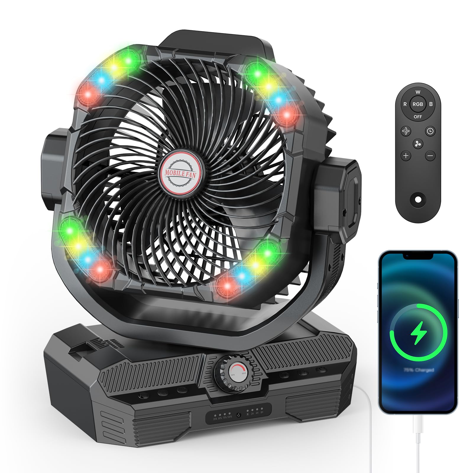 Grande ventilatore da campeggio alimentato a batteria, 27000 mAh, ventilatore da pavimento oscillante a batteria ricaricabile da 38,1 cm, con telecomando e luce notturna a LED, portatile, per tenda
