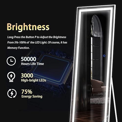 Miniatura 8 de FENNIO Espejo de longitud completa con luces de 64 x 21 pulgadas, espejo LED de cuerpo completo, espejo iluminado de pie, espejo colgante montado en