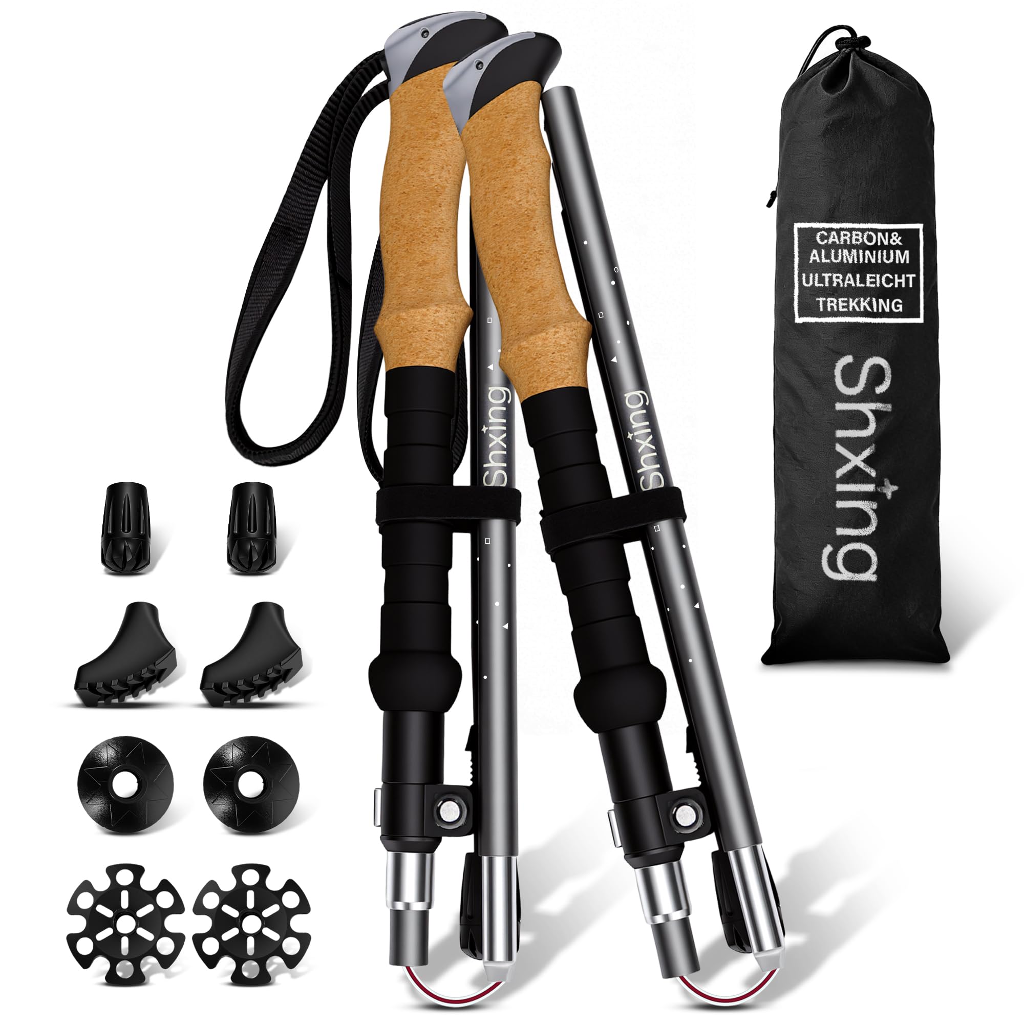 Bastones de senderismo plegables, juego de 2 unidades, solo 35 cm, ligero y estable, ajustable de 110 a 135 cm, carbono 3K y aluminio 7050, mango de corcho con extensión EVA, incluye bolsa y