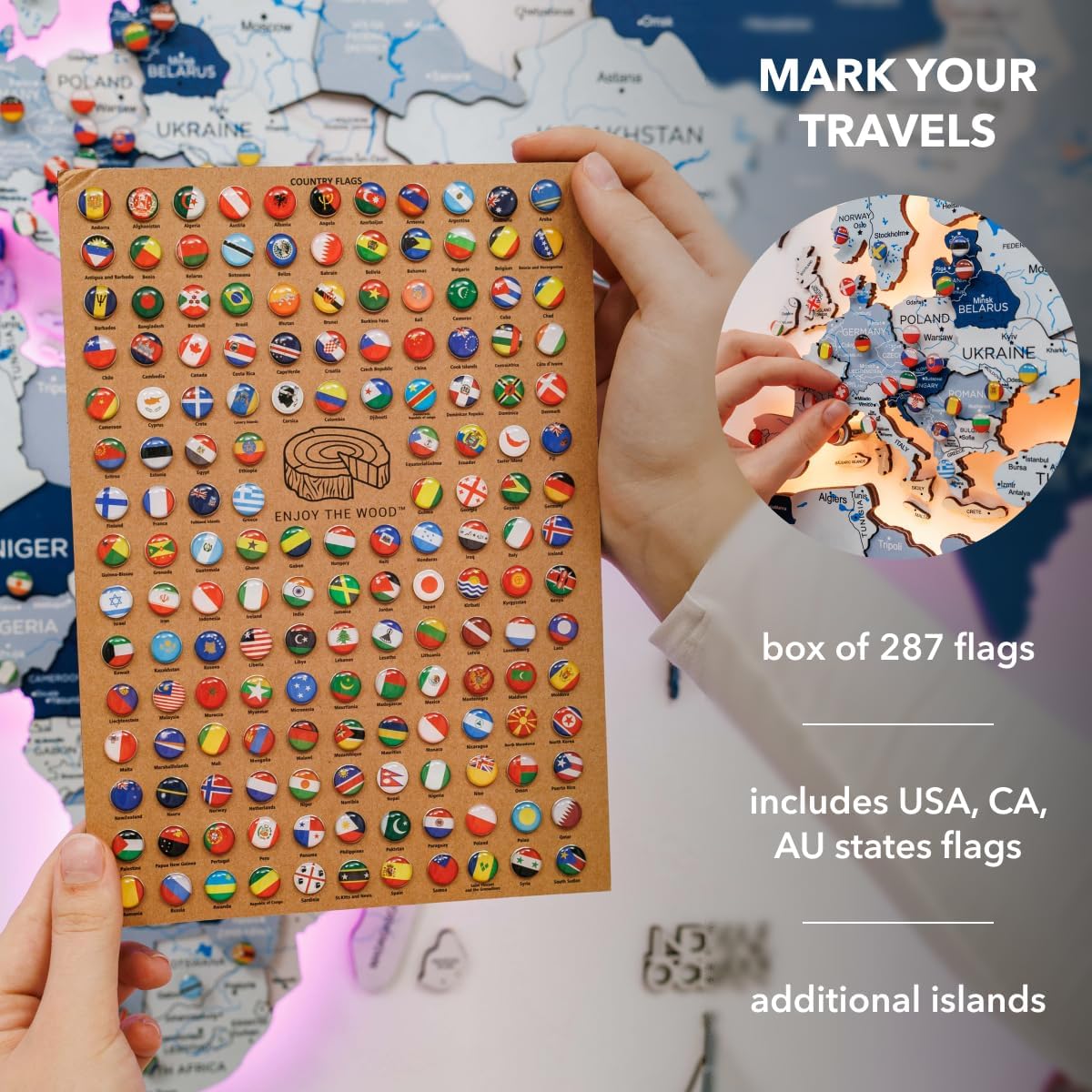 Enjoy The Wood 3D LED Wood World Map 3.0 with Luminous Option - Wall Art Home Decor Gifts - LED Lighting Wall Decor Housewarming Gift Idea - Travel Wooden Maps with Backlighting (Aqua)