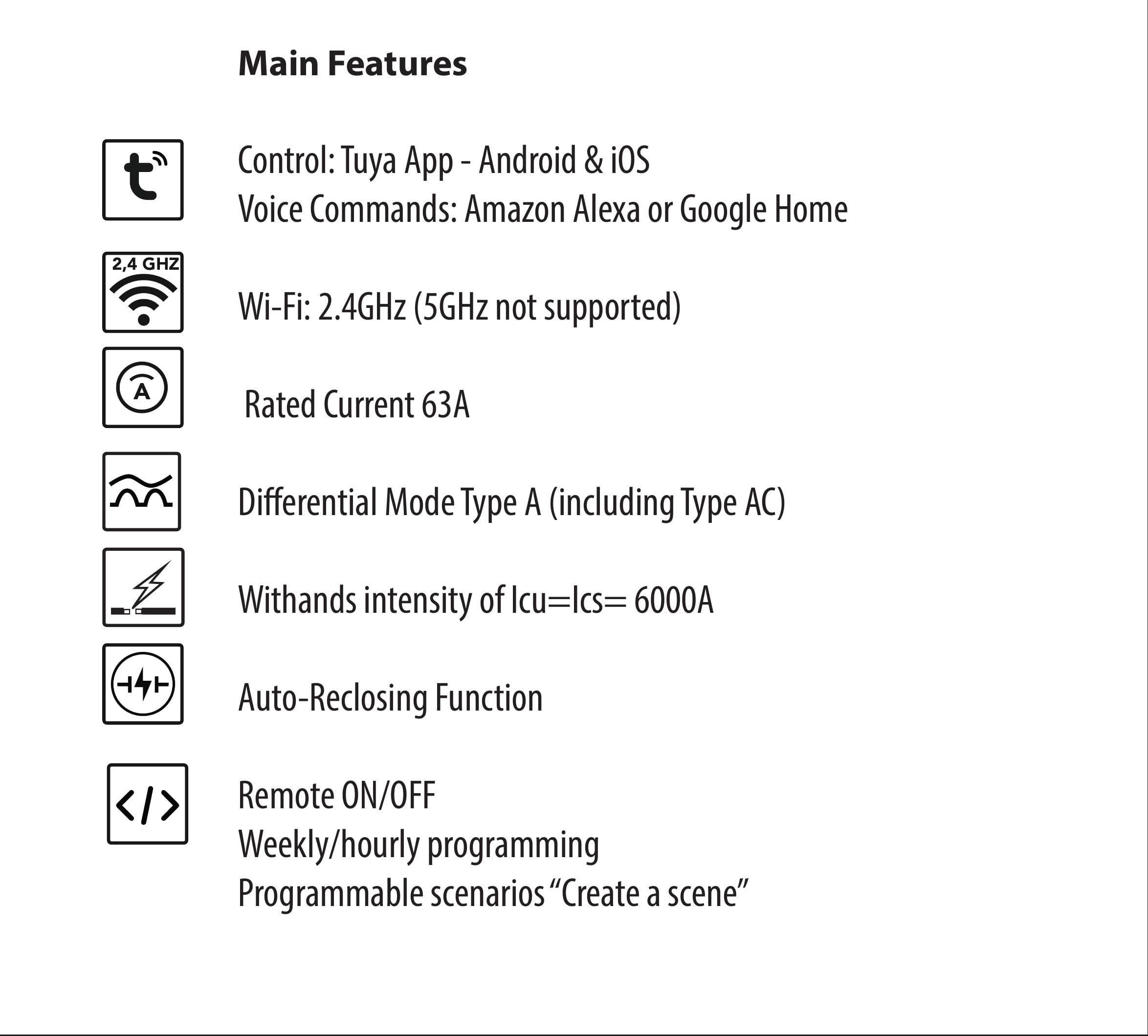 Smart-Home Salvavita Wi-Fi Tuya con Riarmo Automatico 4P Trifase 63A 30mA Tipo A&AC – Controllo Remoto – 5 Moduli DIN – RCCB EN 61008-1