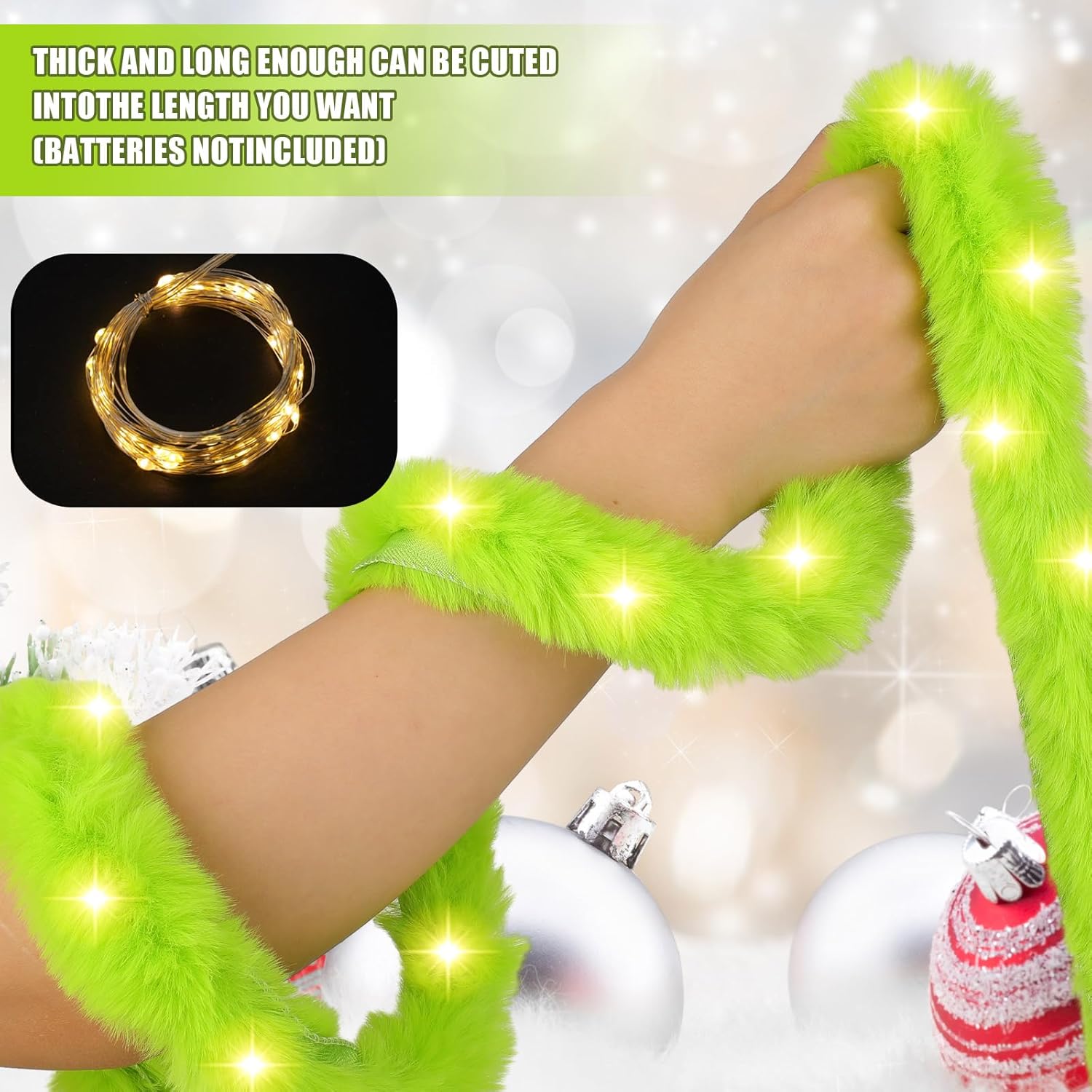 Jutom 50 Ft Christmas Tree Garland Lime Green LED Lighted Faux Fur Ribbon Trim Artificial Furry Stripe Roll Garland for Xmas Holiday Winter Indoor and Outdoor Decoration(Green)