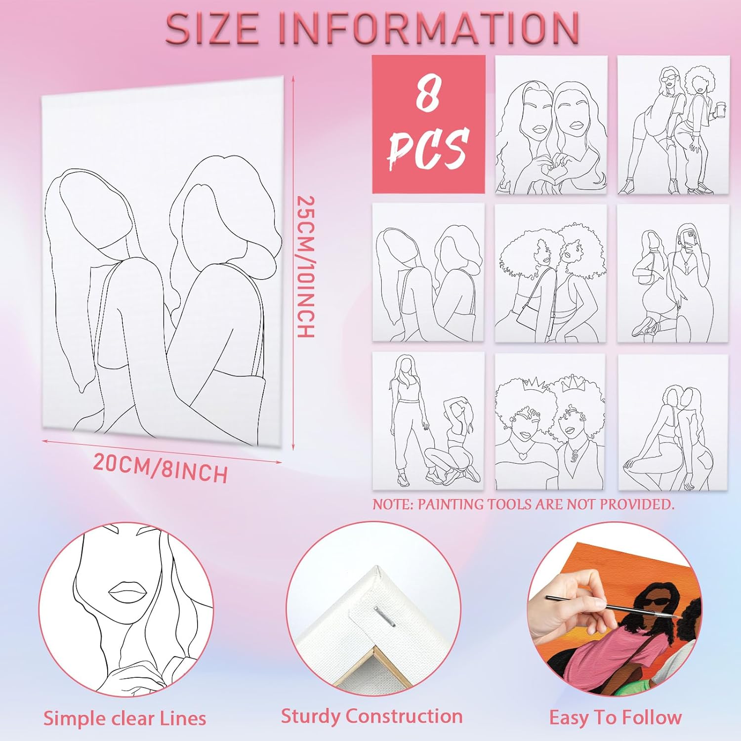 VOCHIC 8Pack Paint and Sip Kit for Lady, Afro Girl Friendship Pre Drawn Canvas Painting Set for Adults Women Lady Night Paint Party Supplies Stretched Outline Canvas Favor, Gift(8x10)