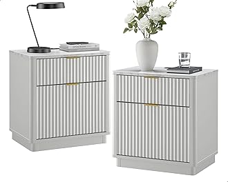 T4TREAM 23'' Fluted Nightstand Set of 2 with Charging Station, Large 2 Drawer Bedside Table, Modern End Table with Storage, Mid Century Night Stand for Bedroom Living Room, Curved Profile, Solid White