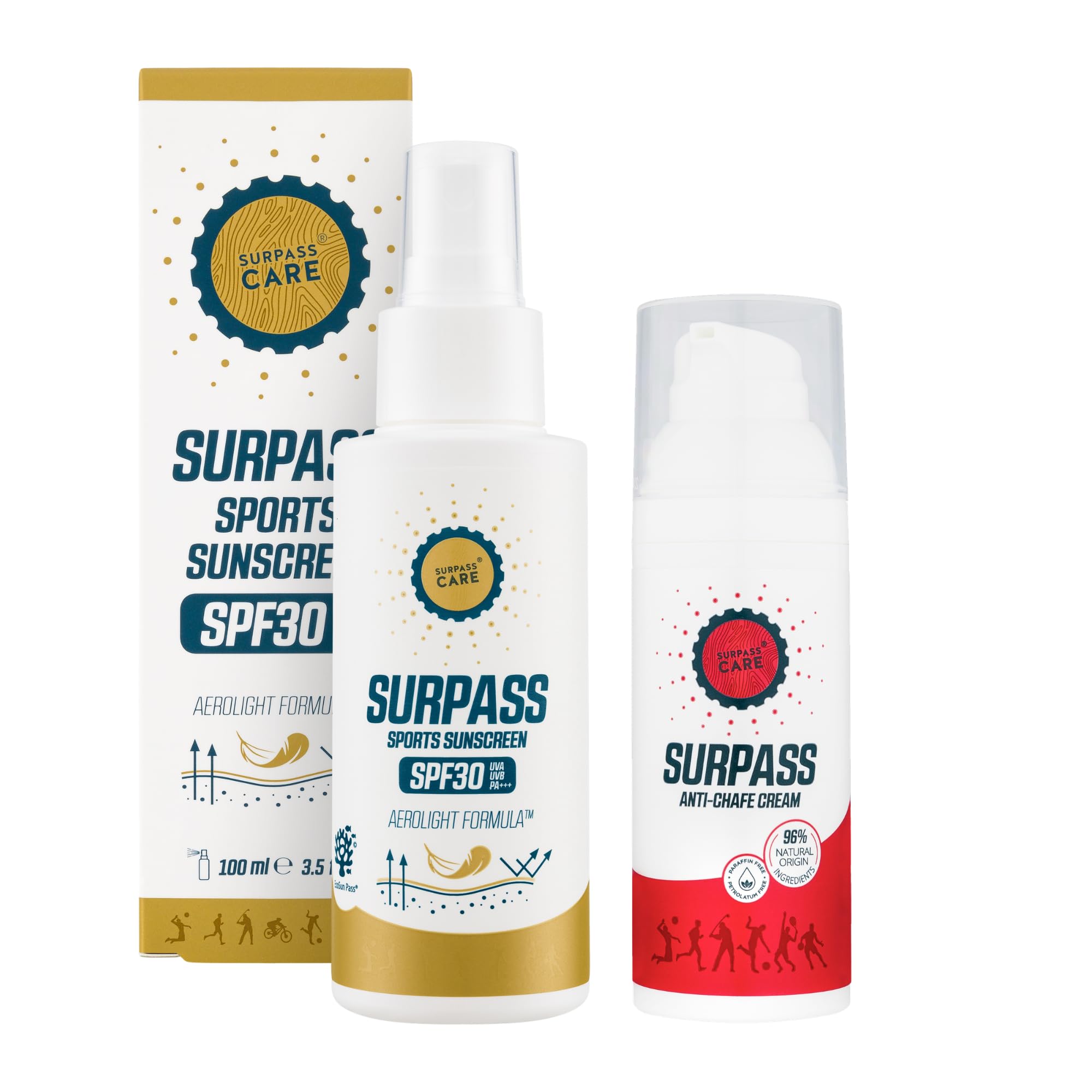 SURPASS Pack Spray Solar Deportivo SPF30 + Crema Antirrozaduras, 100 + 50 ml | Protección UVA y UVB para Todo Tipo de Deportes | Ayuda a Prevenir las Rozaduras | Resistente al Agua y al Sudor