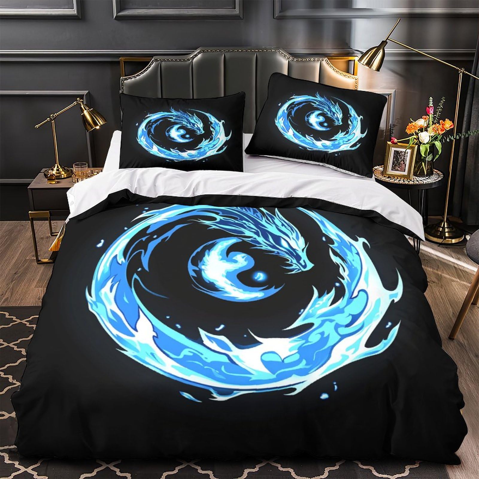 Housse de Couette Dragon Bleu 3D sans Repassage 140x200 Fermeture Éclair Lit Single