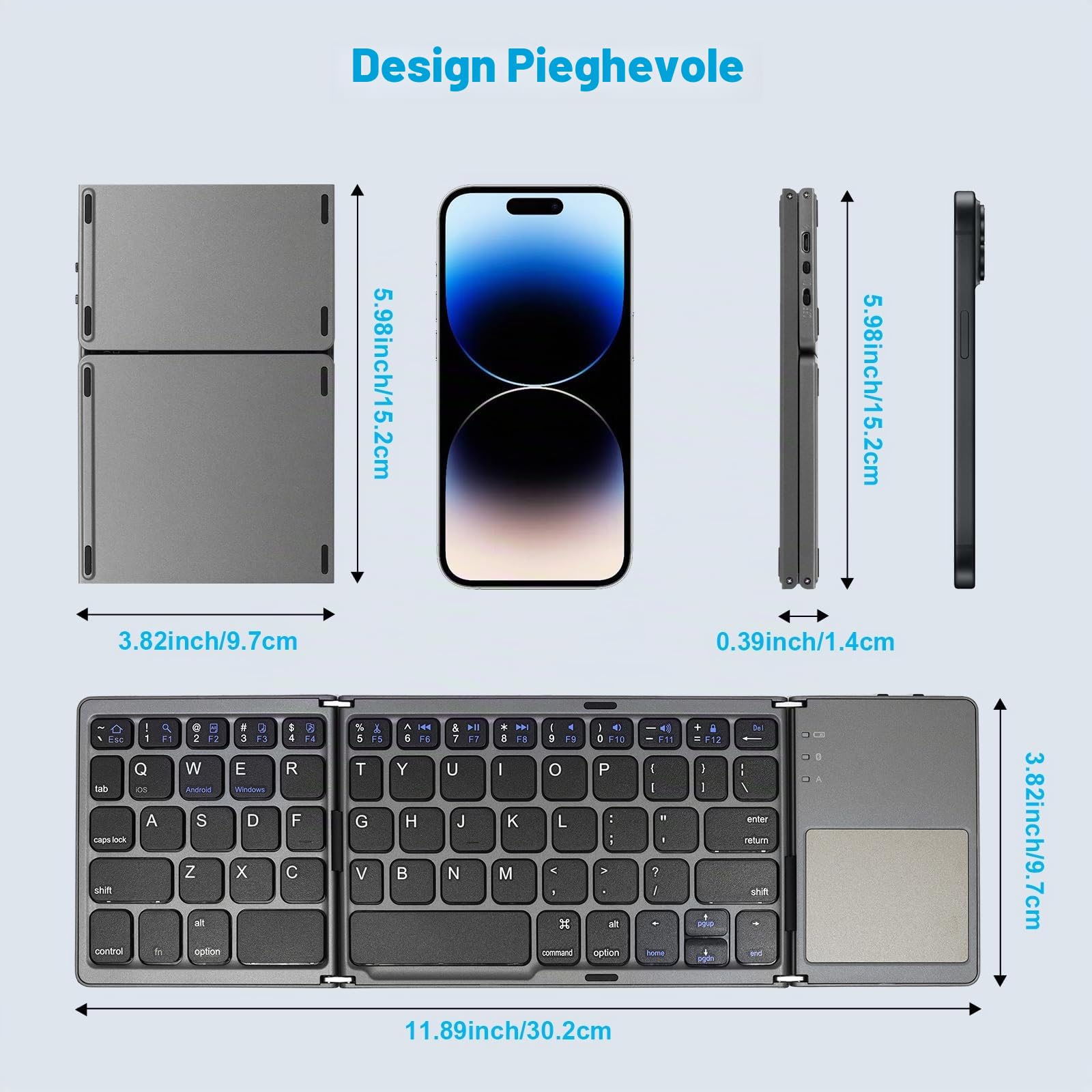AURTEC tastiera pieghevole Bluetooth senza fili portatile con touchpad e batteria per PC, Tablet, Android, Smartphone, Grigio scuro (International keyboard layout)