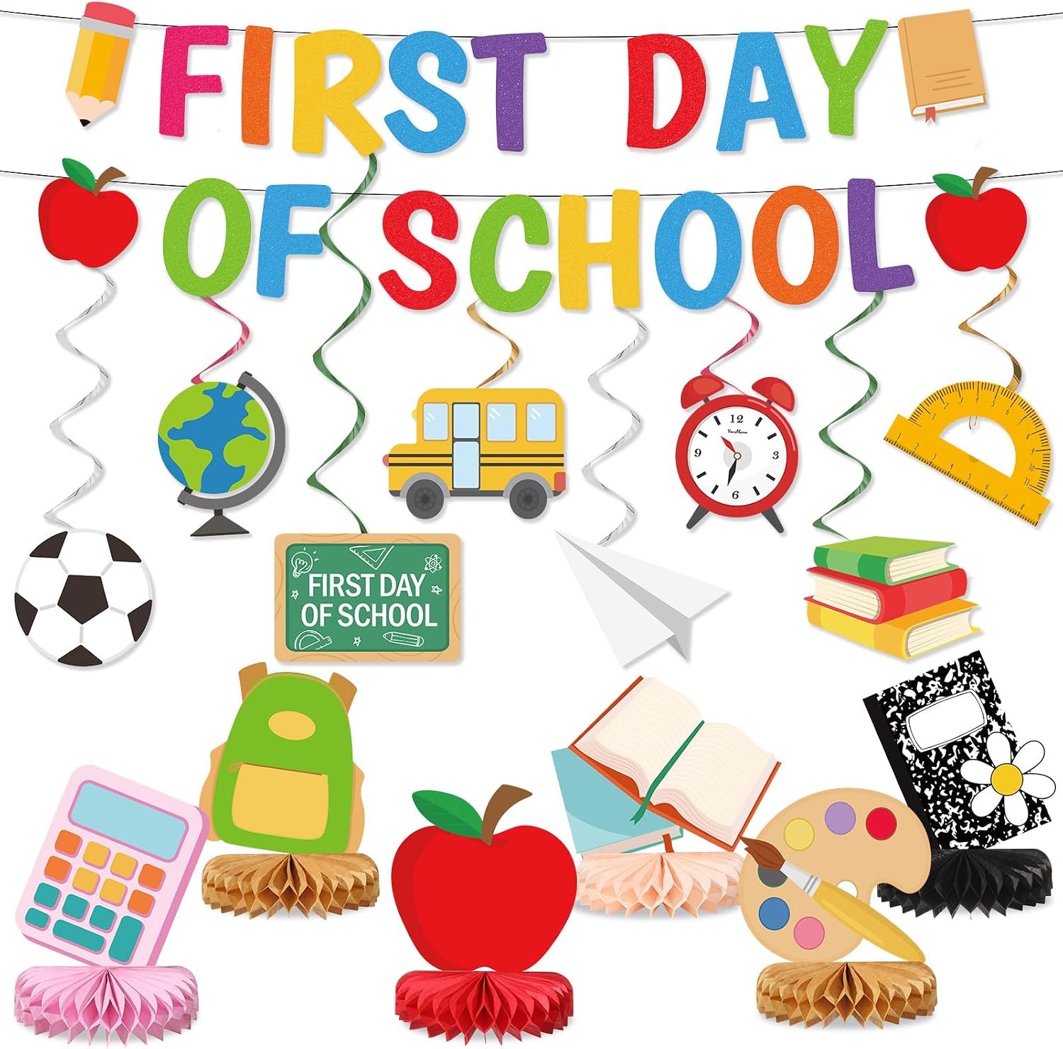 Colorful First Day of School Banner Back to School Party Supply Apple Pencil Bus Hanging Swirls First Day of School Honeycomb Centerpieces for Home Classroom Office Teacher Must Haves Classroom Decor