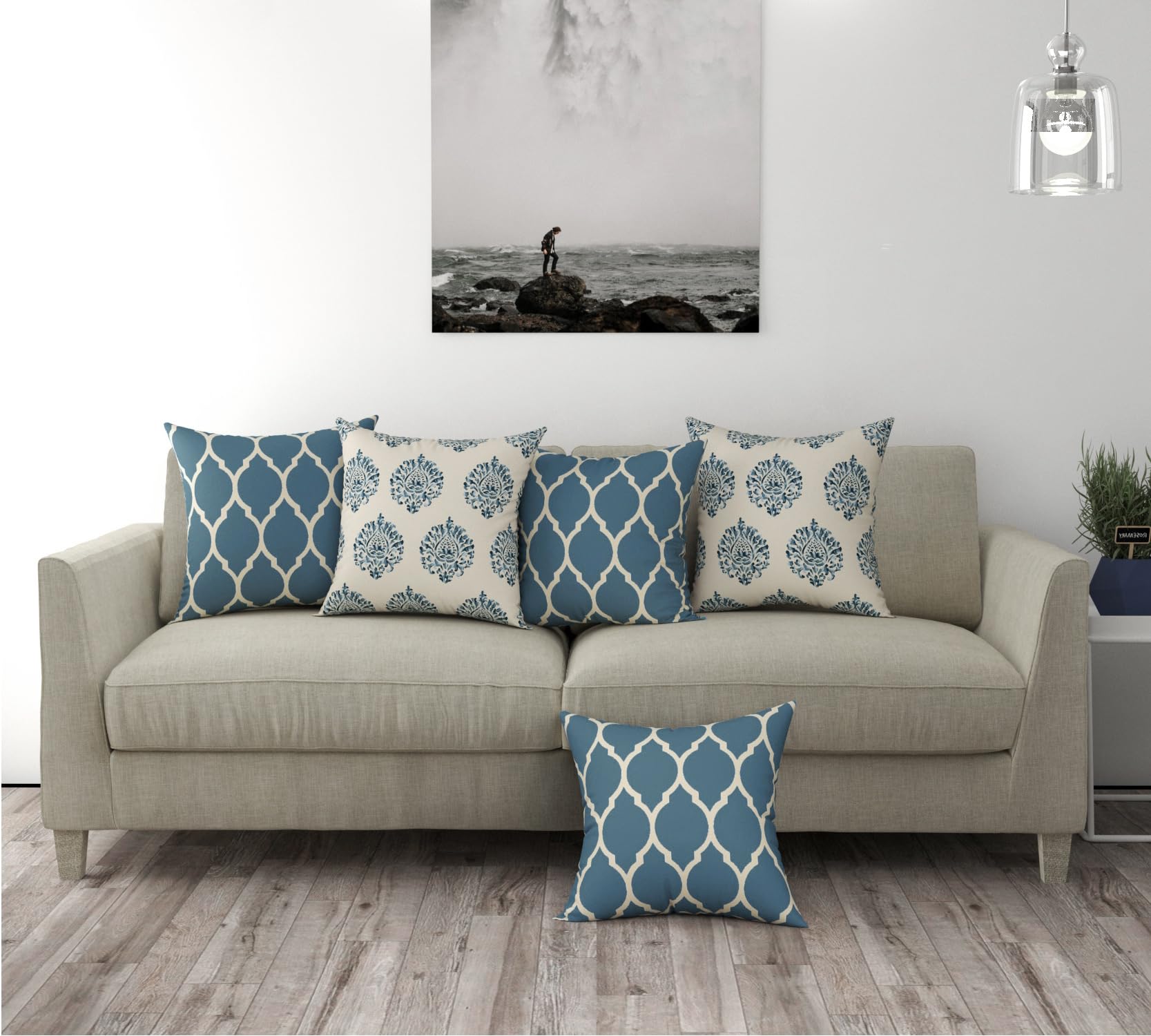 Trance Home Linen Set of 5 Premium100% Cotton 16X16 Inch Cushion Covers Only for Sofa and Diwan|Throw Pillow/Small Cushion Pillow Covers Only (16X16 Inch|40Cmx40Cm,Dori&Damask Blue) Set of 5,180 TC-image-34