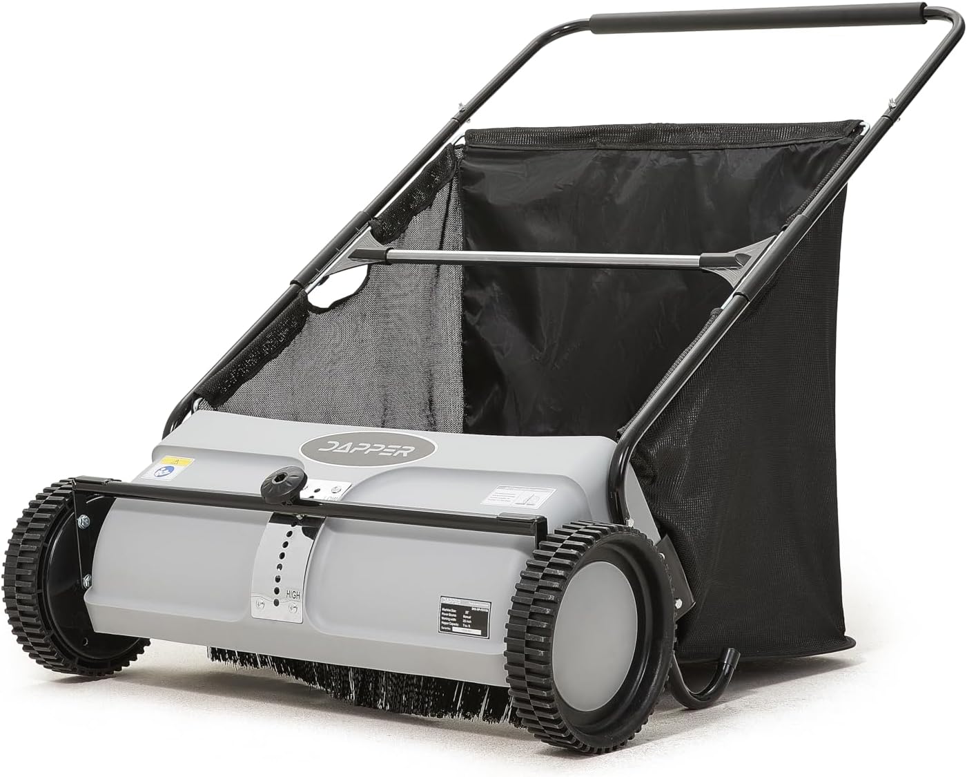 26-Inch Push Lawn Sweeper, Grass, Lawn and Leaf Cleanup Collector with Large 7 cu. ft. Hopper Bag, and Dual Spinning Brushes, Grey