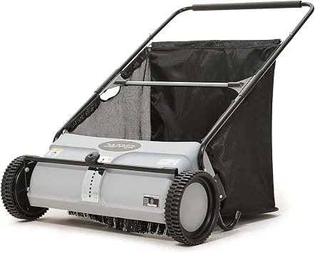 26-Inch Push Lawn Sweeper, Grass, Lawn and Leaf Cleanup Collector with Large 7 cu. ft. Hopper Bag, Durable Rubber Wheels, and Dual Spinning Brushes, Grey 26 inch