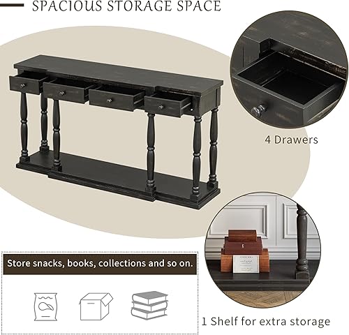 Miniatura 5 de Merax Mesa de entrada larga con 4 cajones y estante inferior, mesa de sofá retro con almacenamiento, para vestíbulo, sala de estar, dormitorio,