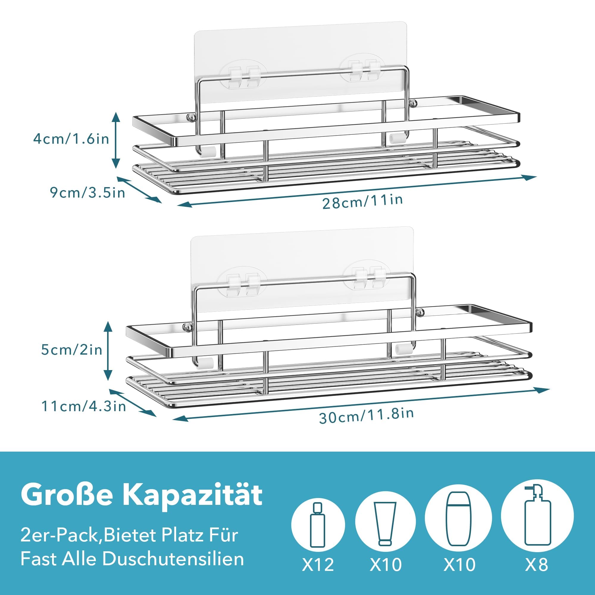 2 Unidades Estante De Ducha Sin Taladro Adhesivo Organizador De Baño | Plateado Juego de 2 estantes de acero inoxidable con 2 adhesivos, INSTALACIÓN SIN TALADRO