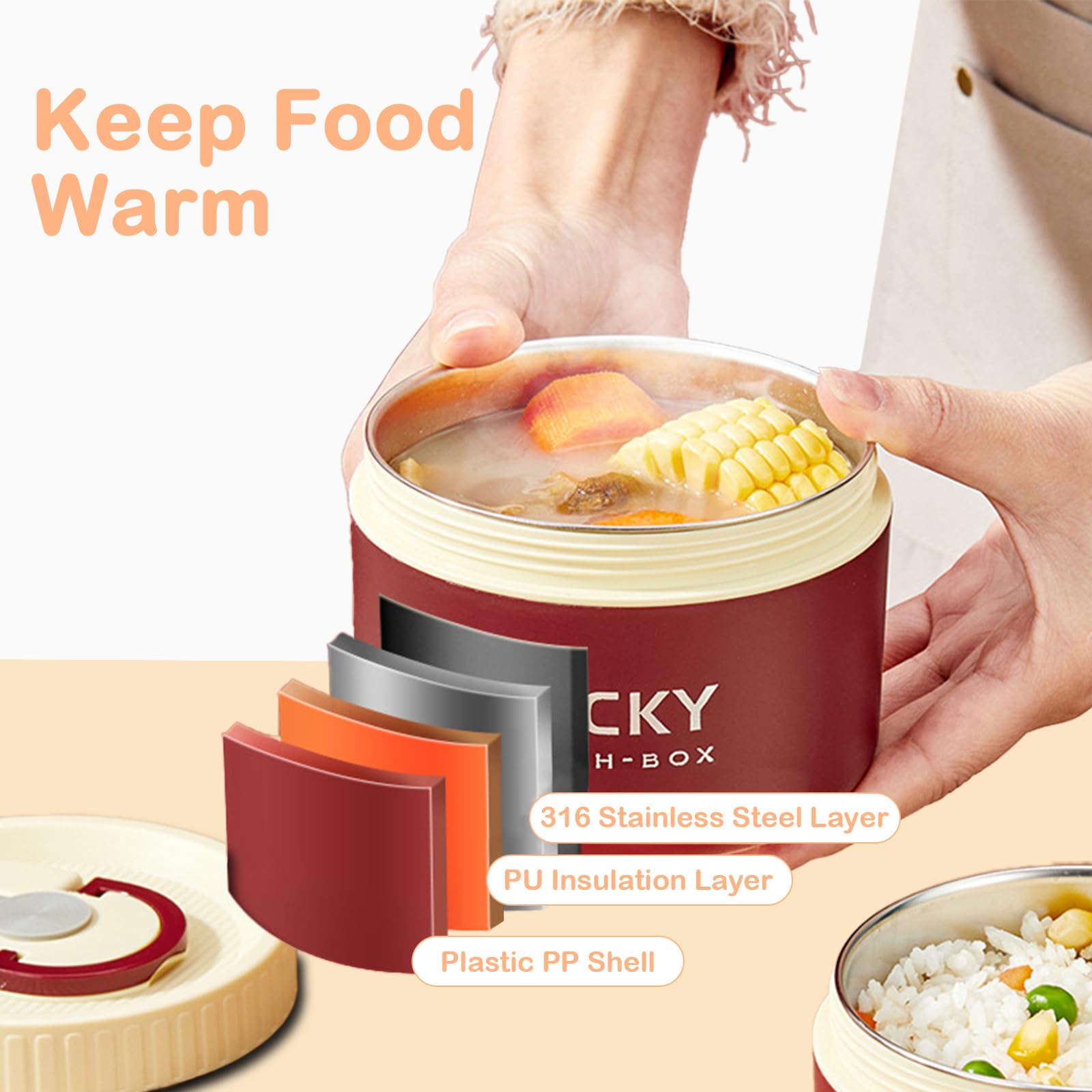 Contenitori per il pranzo isolati portatili, in acciaio inox, bento box, per adulti, con borsa termica per il pranzo, 4 contenitori separati impilabili per adulti, rosso