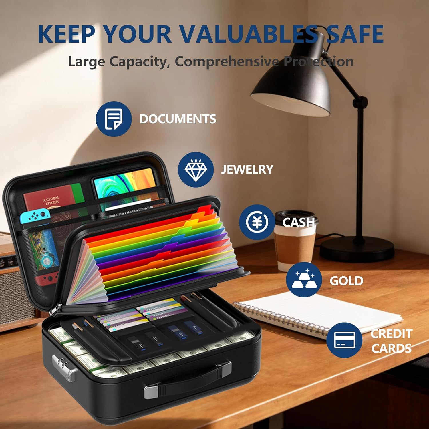 Fireproof Document Box with Combination Lock - Fire & Water Resistant Hard Case Safe Box for Important Documents, Certificates, Laptops, Passports (Matte Black)