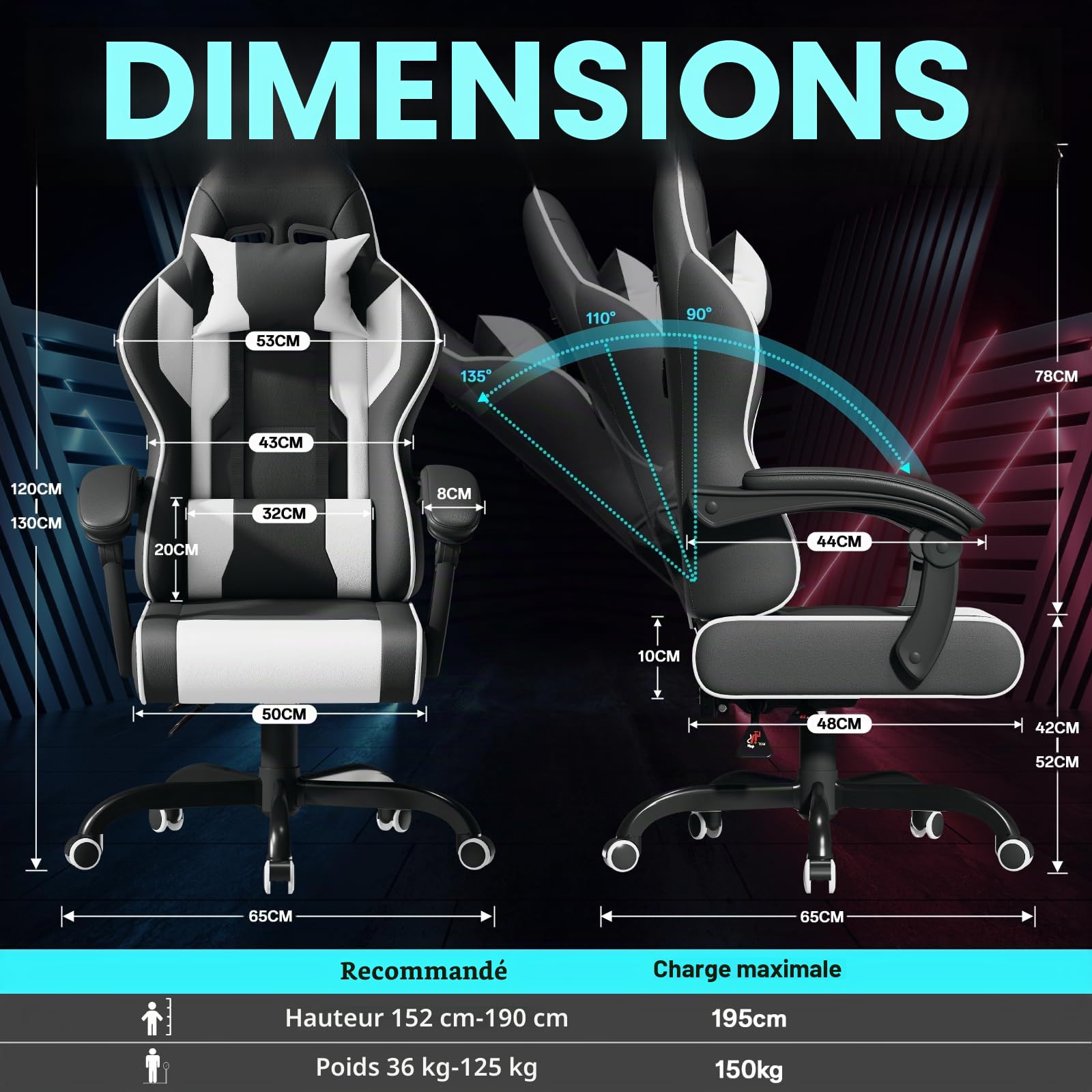 JUMMICO Jetstream Fauteuil De Bureau, Chaise Gaming Ergonomique avec Repose-Pieds, Chaise De Jeu avec Fonction De Massage, Chaise De Bureau À Élévation Pneumatique, 150 Kg, Blanc