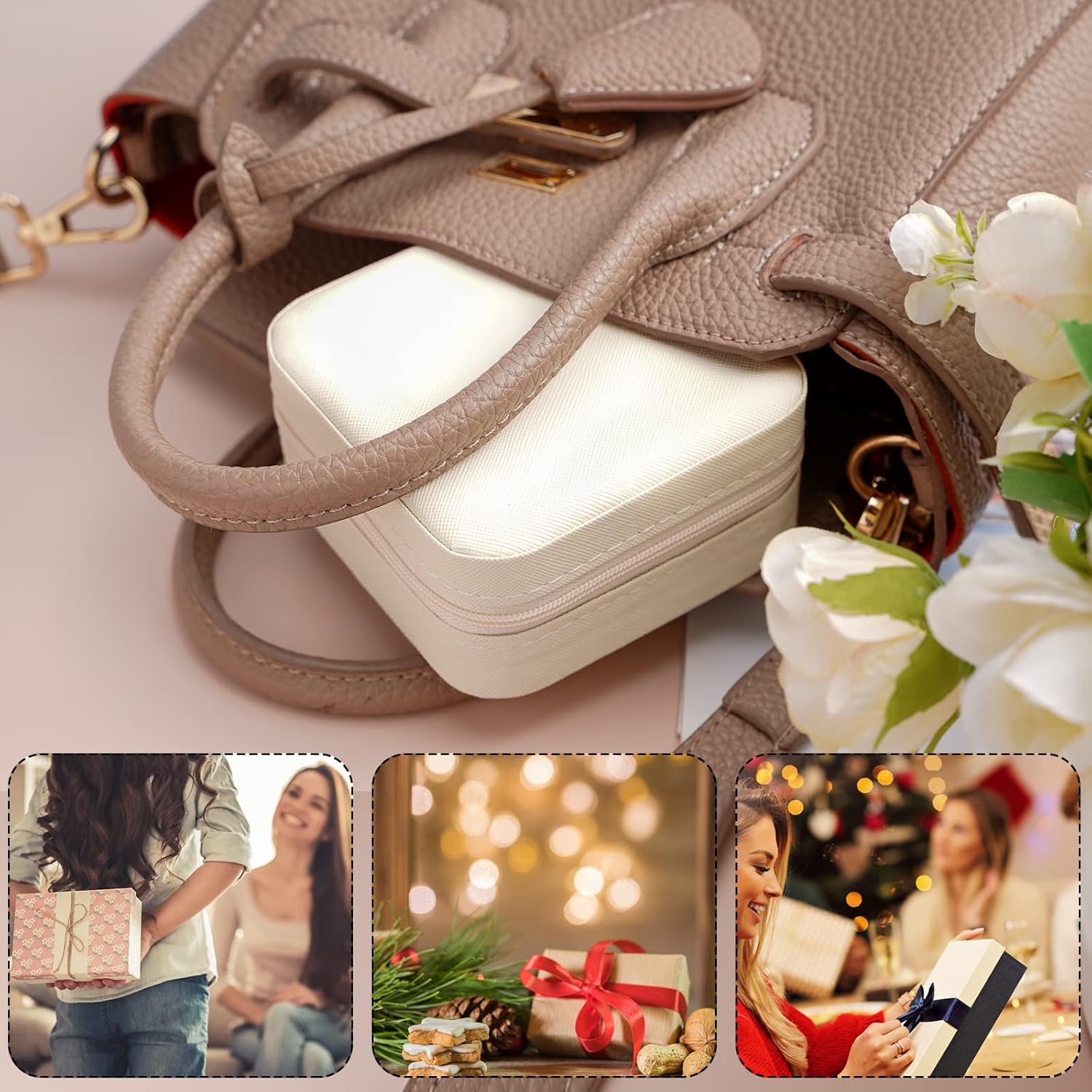 Portable Travel Mini Jewelry Box Leather Jewellery Ring Organizer Case Storage Gift Box Girls Women（4 colors: black, white, pink, blue）