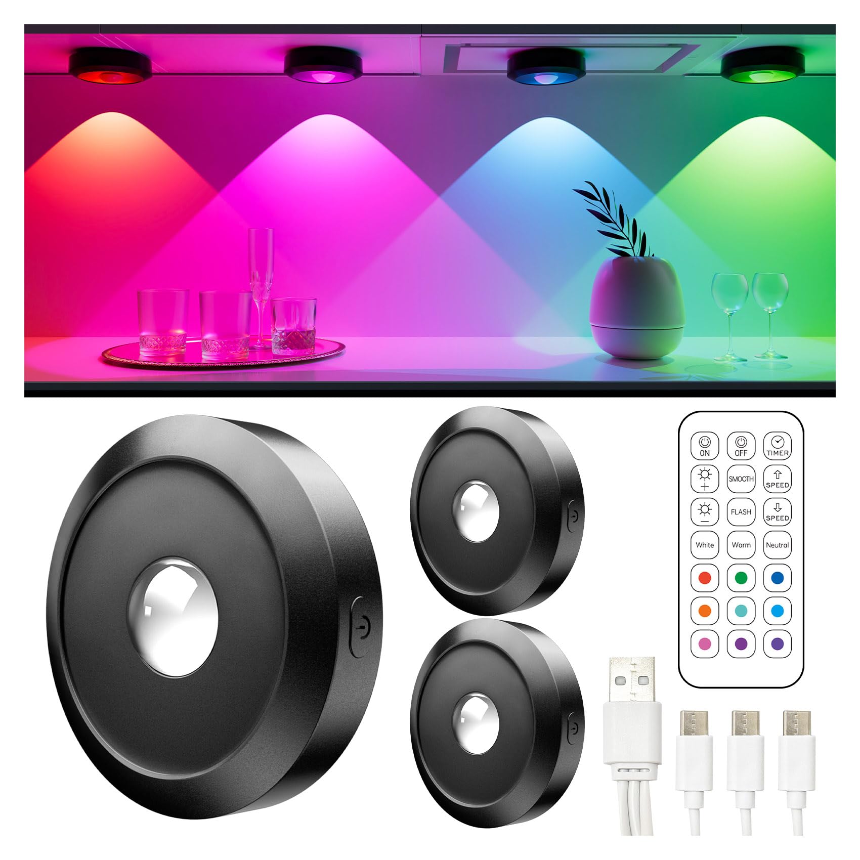 ERSDGG 3 Stück Zum Mini Spot LED Puck Lights - 1500mAh Led Spot Akku, 3000K/4500K/6000K&9 RGB, Dimmbare & zeitgesteuerte Schrankbeleuchtung mit Fernbedienung, 3 Lights Modi