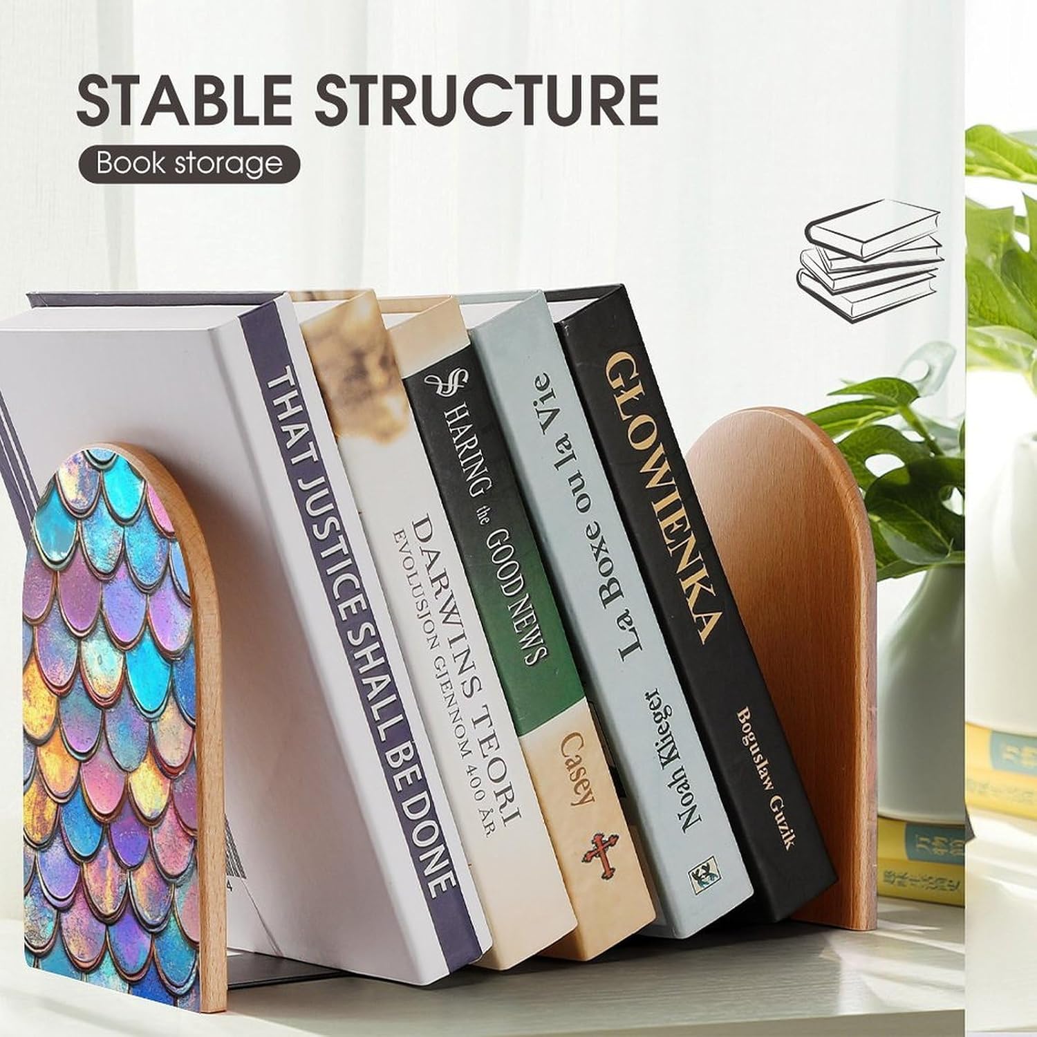 Mermaid Fish Scale Sequin Cute Wood Book Ends Decorative Bookends 1 Pair Non-Skid for Shelves Home Office 7 X 5 Inch