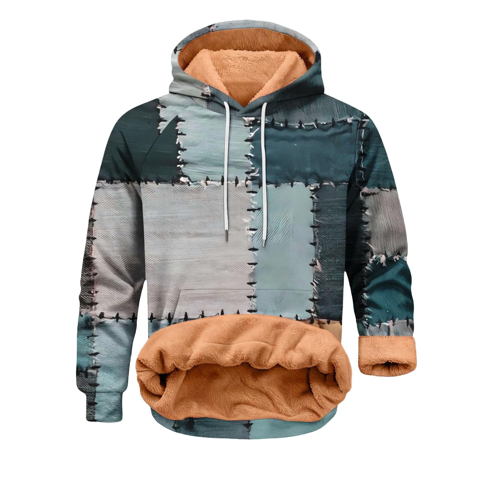 Bluza dla mężczyzn UK - wzorzyste bluzy z kapturem polarowe puszyste z podszewką sherpa, stójka z naszywką na łokcie, na co dzień, sweter jesienno-zimowy, termiczny, sportowy sweter vintage (niebieski
