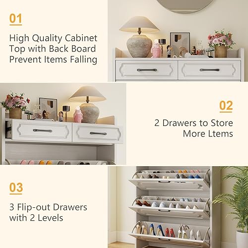 Vista 26 de Armario de zapatos para entrada, armario estrecho de almacenamiento de zapatos con 3 cajones abatibles y 2 cajones superiores, armario organizador