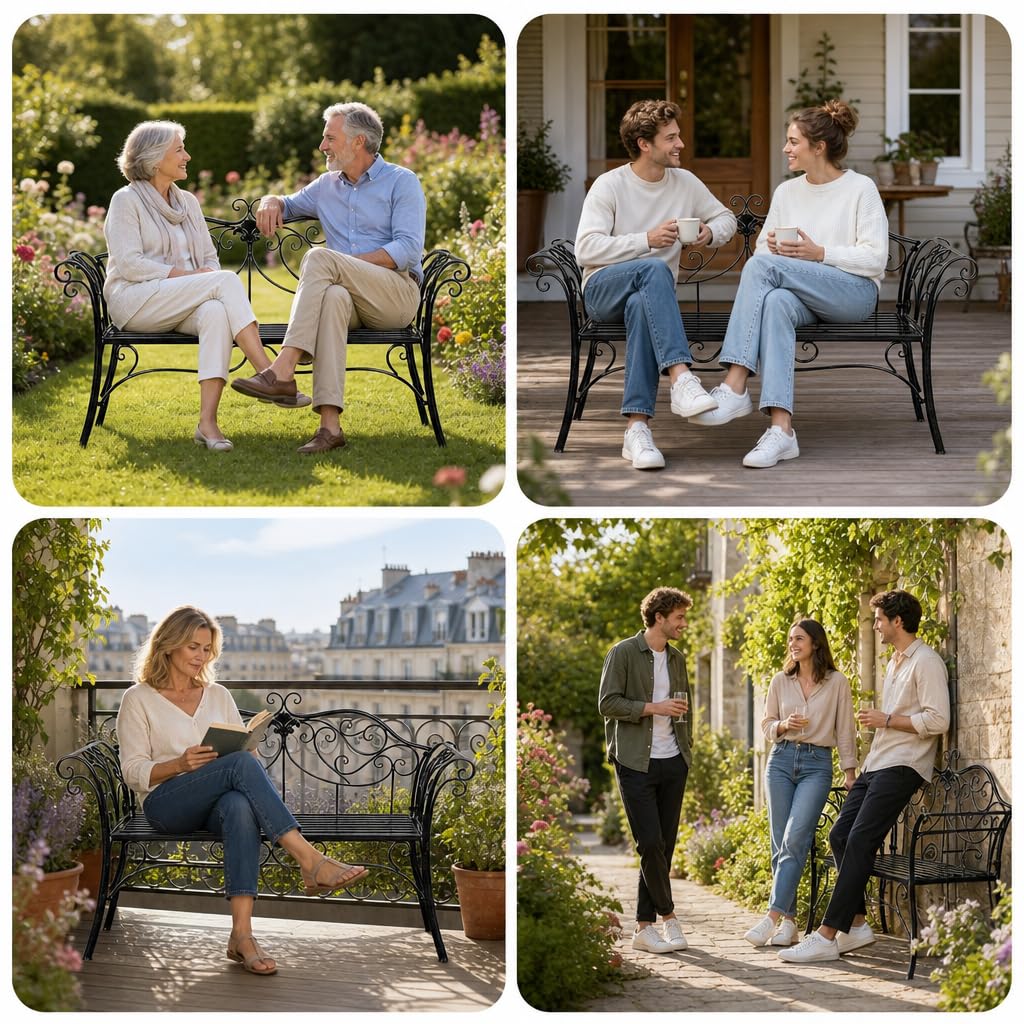 HLC Banc de Jardin pour l'extérieur 133 x 49 x 90 cm Banc Jardin rétro en métal pour 2 à 3 Personnes, idéal pour Jardin Balcon terrasse | En fer noir. Charge maximale : 200 kg. 133 x 49 x 90 cm