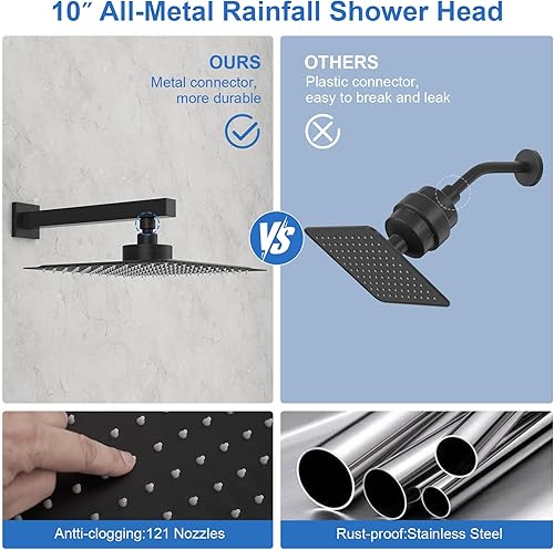 Miniatura 5 de RUMOSE Cabezal de ducha de lluvia con filtro negro mate de 10 pulgadas, cabezal de ducha de lluvia de alta presión, cuadrado de acero inoxidable,