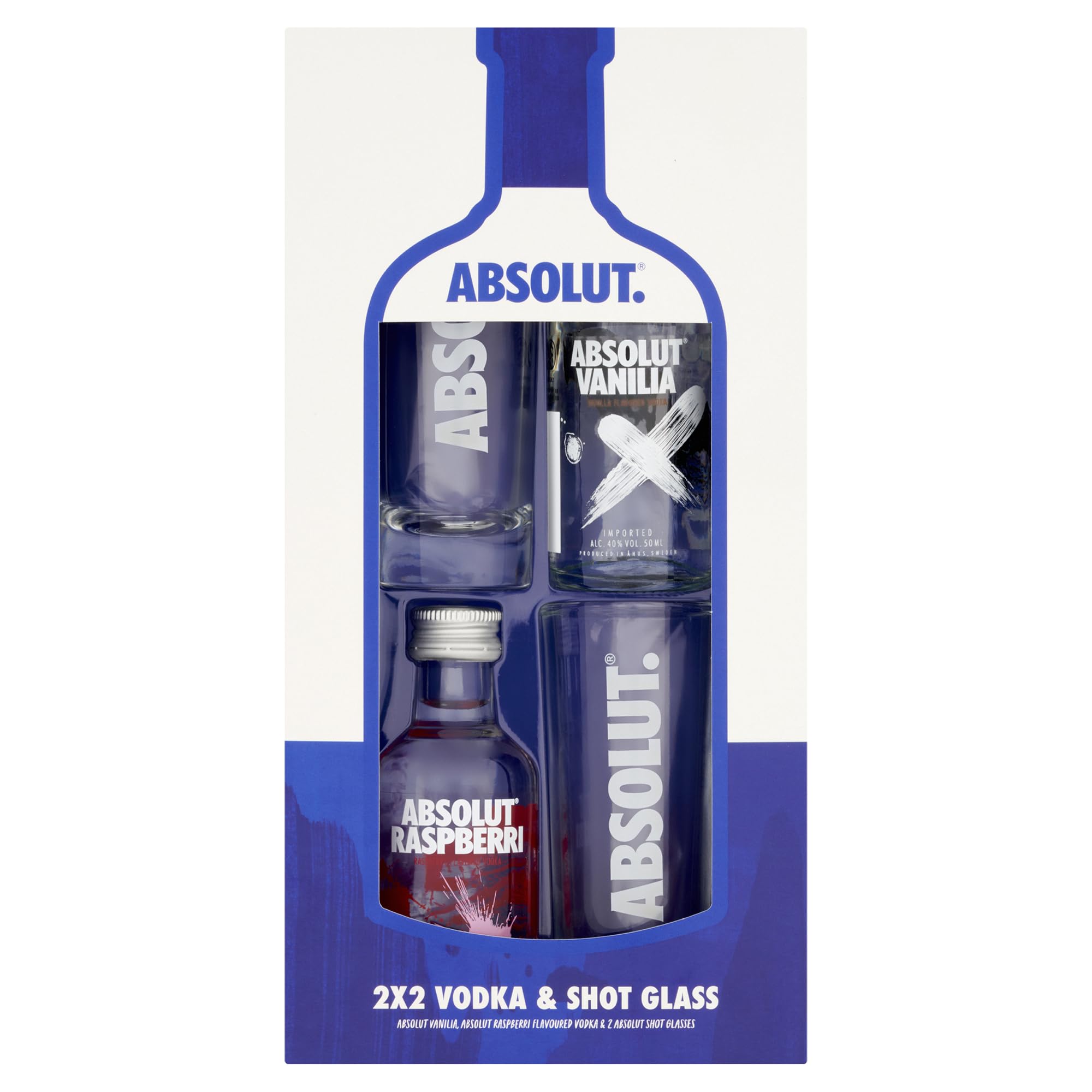 Absolut Vodka Gift Set - Contains 1x50ml Vanilla Vodka, 1x50ml Raspberry Vodka Miniatures, 40% ABV with 2 x Vodka Shots Glasses - Christmas Vodka Gifts, Stocking Filler, by Blue Tree Gifts