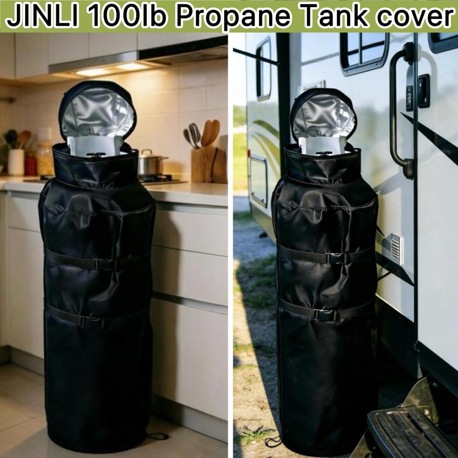JINLI 100lb Propane Tank Insulation Protection Cover Double-Layer 600D Oxford Fabric Waterproof Dustproof Outdoor UV & Frost Resistant Top Flip Cover with Adjustable Buckle, Black