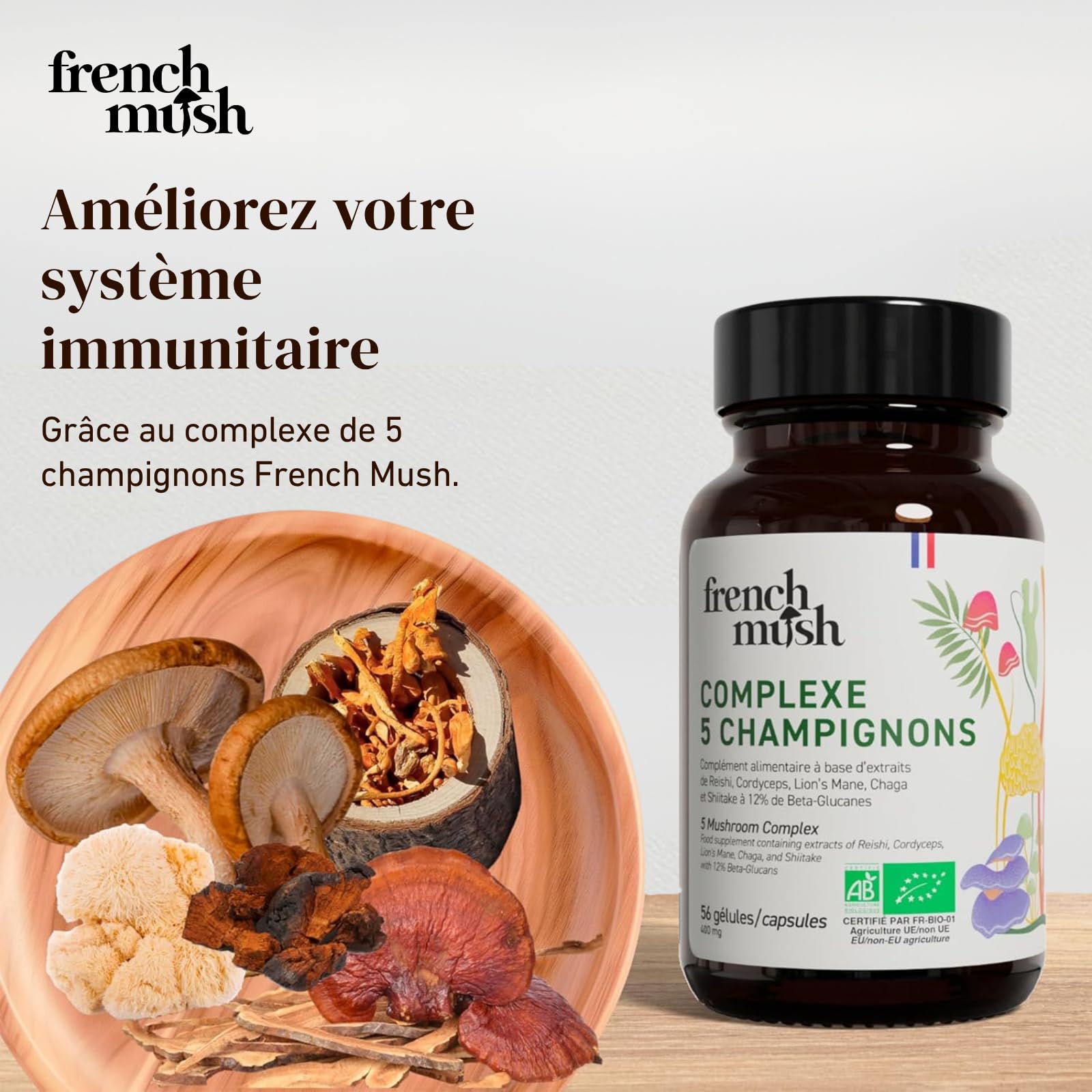 French Mush - Complexe 5 Champignons Bio - 56 Gélules - Shiitake, Lion's Mane, Reishi, Cordyceps, Chaga - Digestion, Bien-Être Intérieur - 2 Gélules/Jour - Testé en Laboratoire - Fabriqué en France